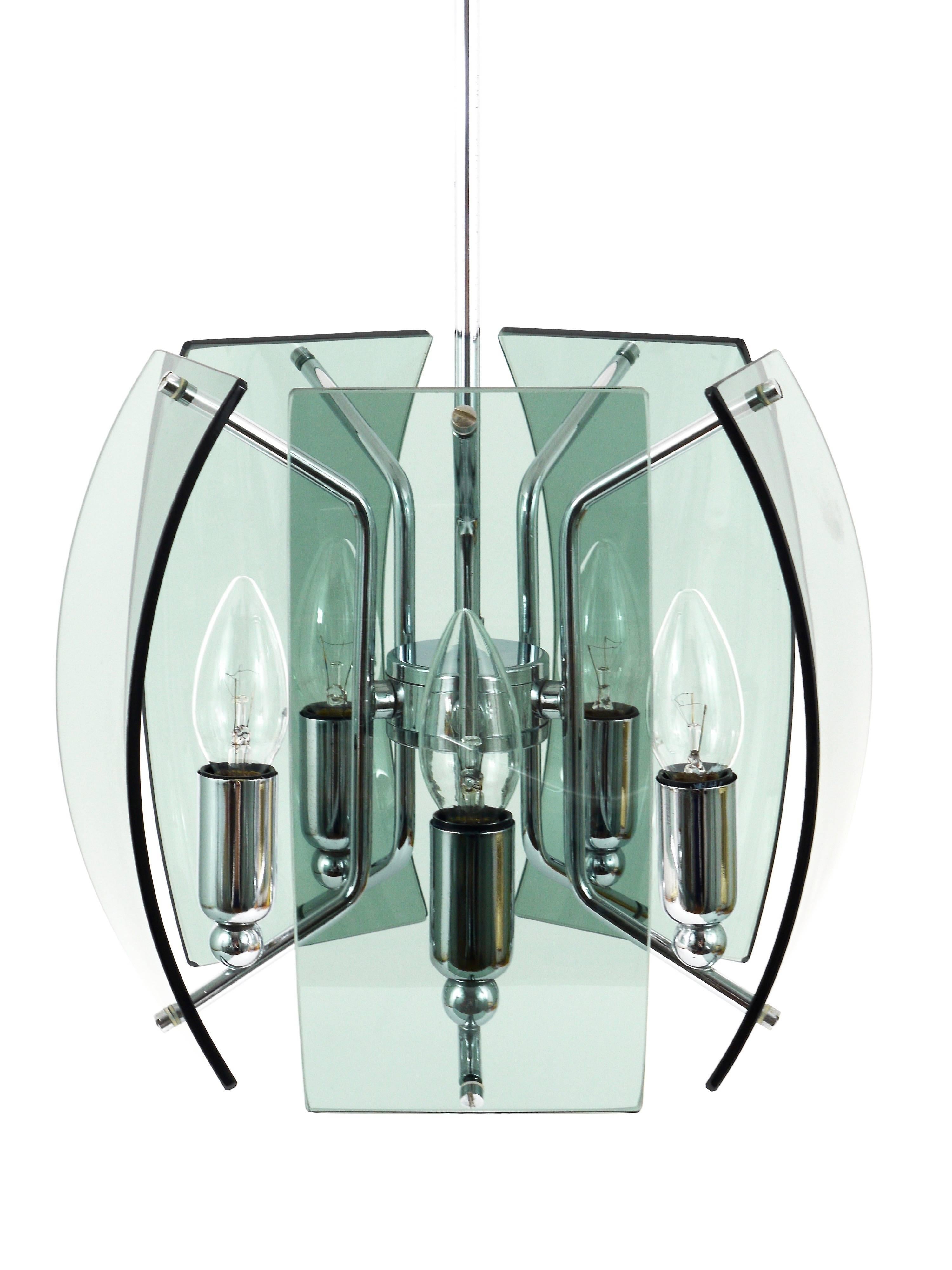 20th Century Fontana Arte Style Mid-Century Glass & Chrome Chandelier, Italy, 1960s For Sale