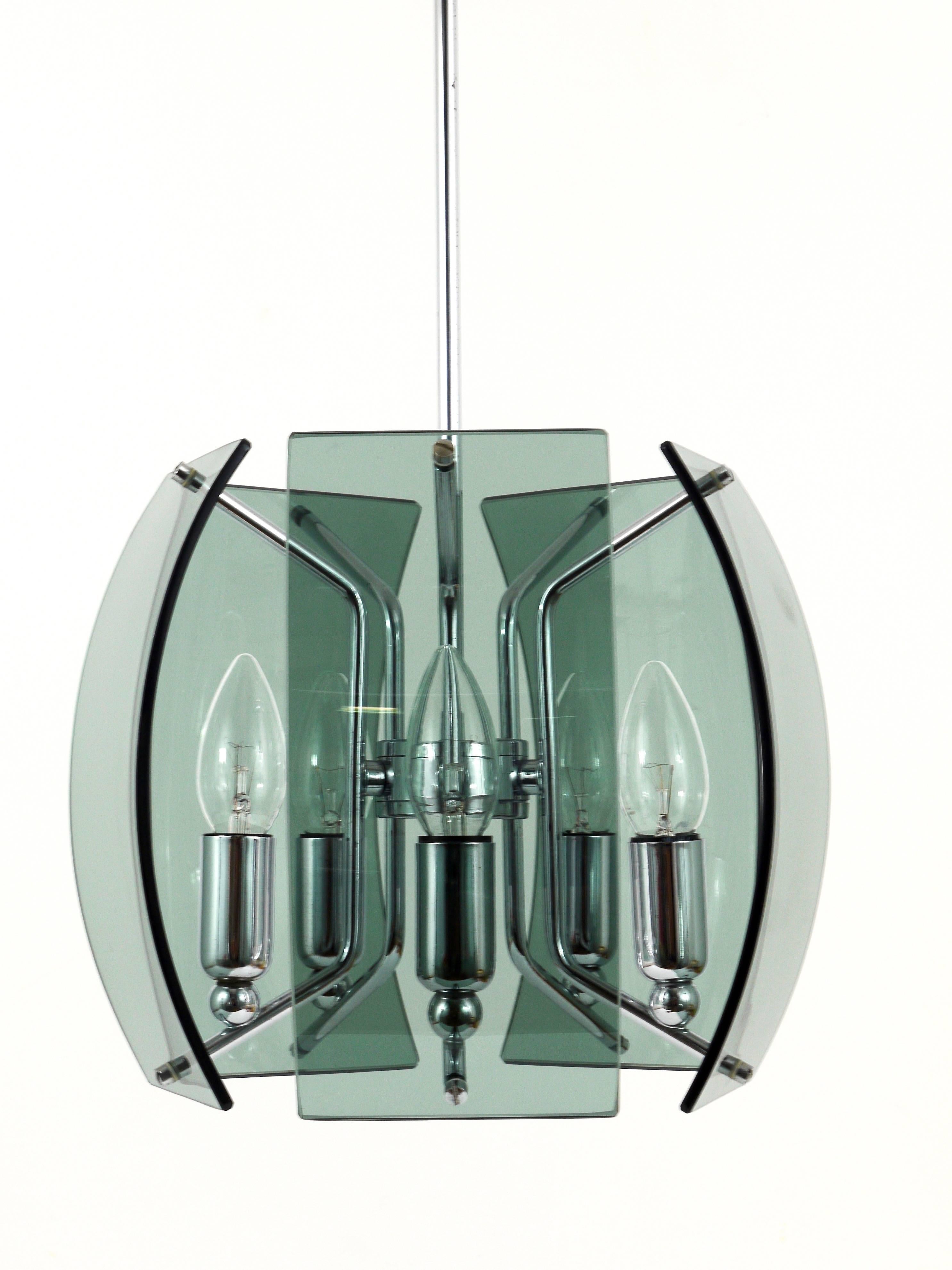 Metal Fontana Arte Style Mid-Century Glass & Chrome Chandelier, Italy, 1960s For Sale