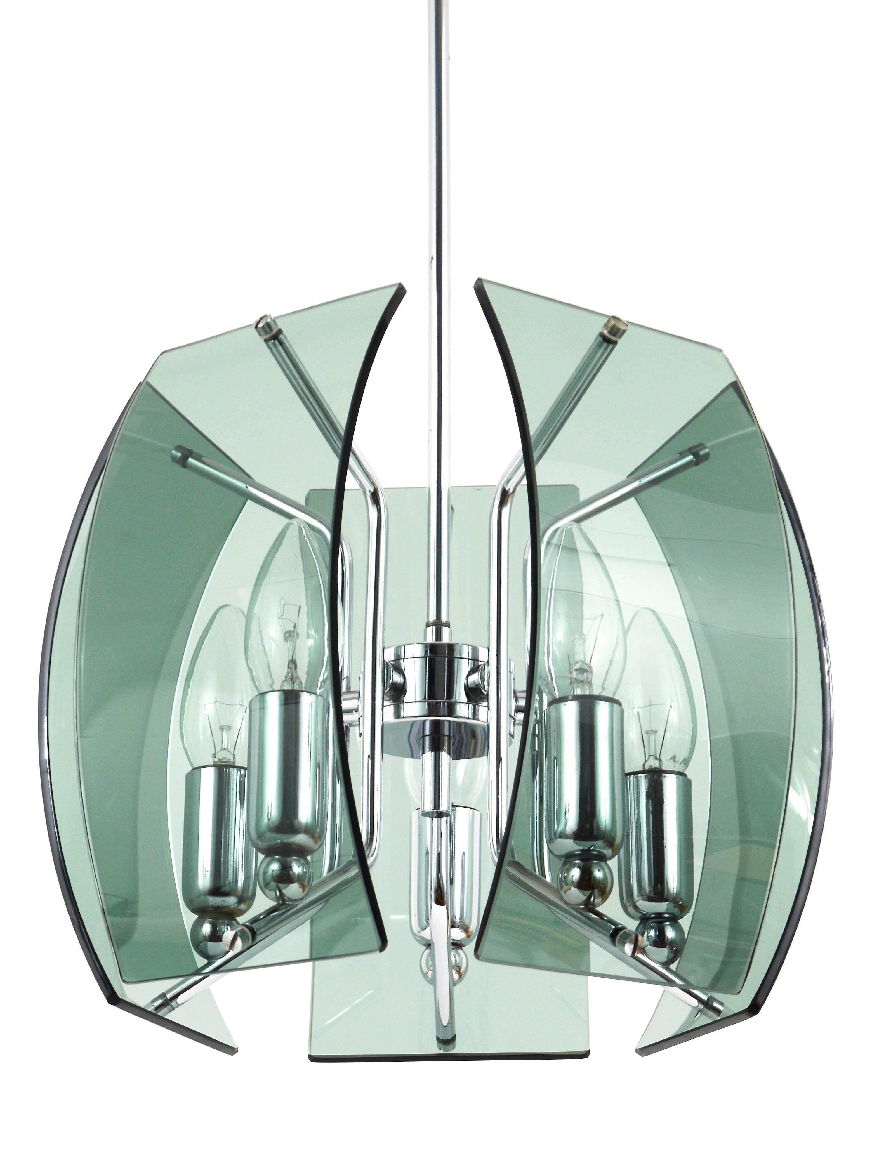 Fontana Arte Style Mid-Century Glass & Chrome Chandelier, Italy, 1960s For Sale 3