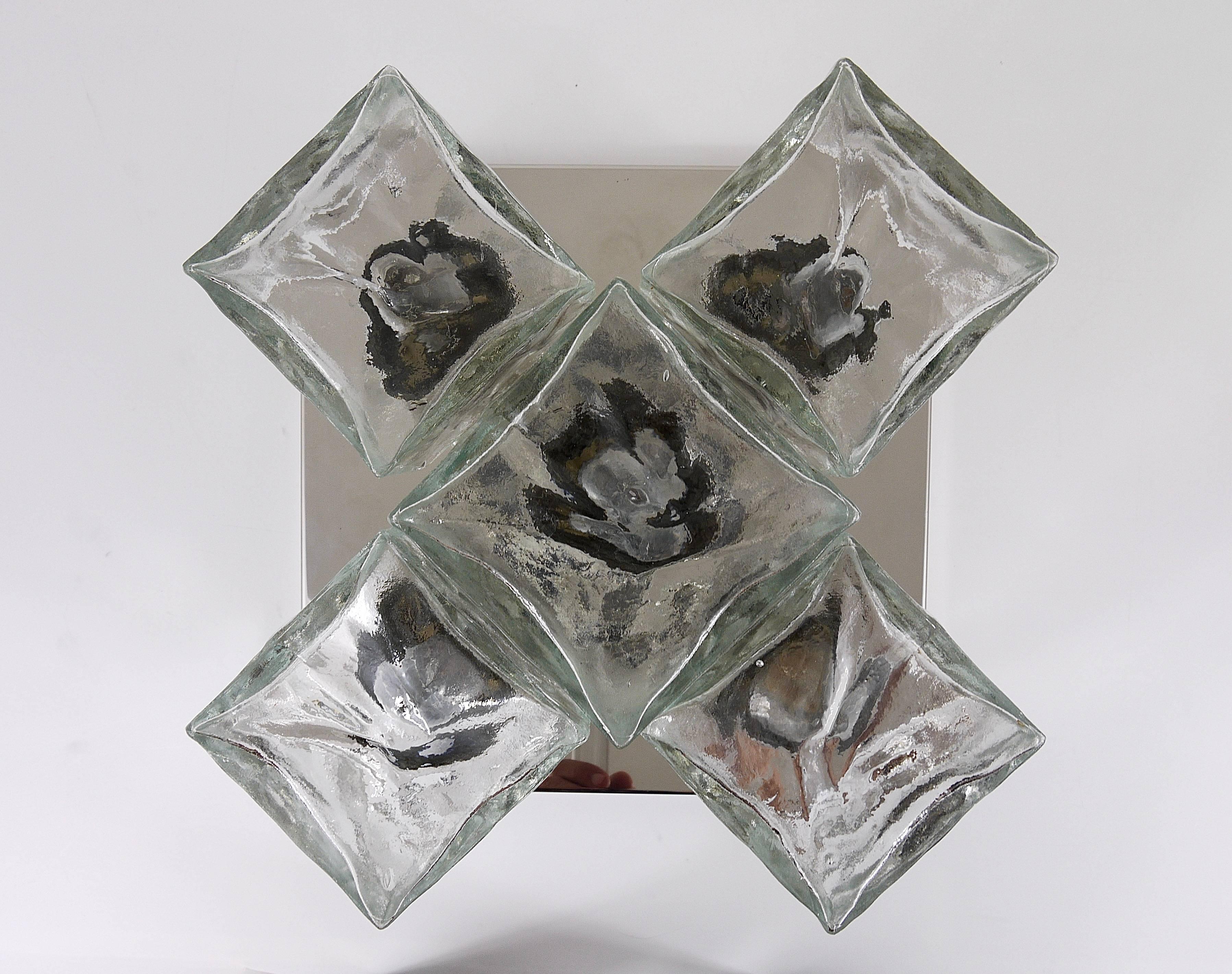 Frosted J.T. Kalmar Ice Cube Glass Flush Mount Chandelier or Sconce, Austria, 1960s For Sale