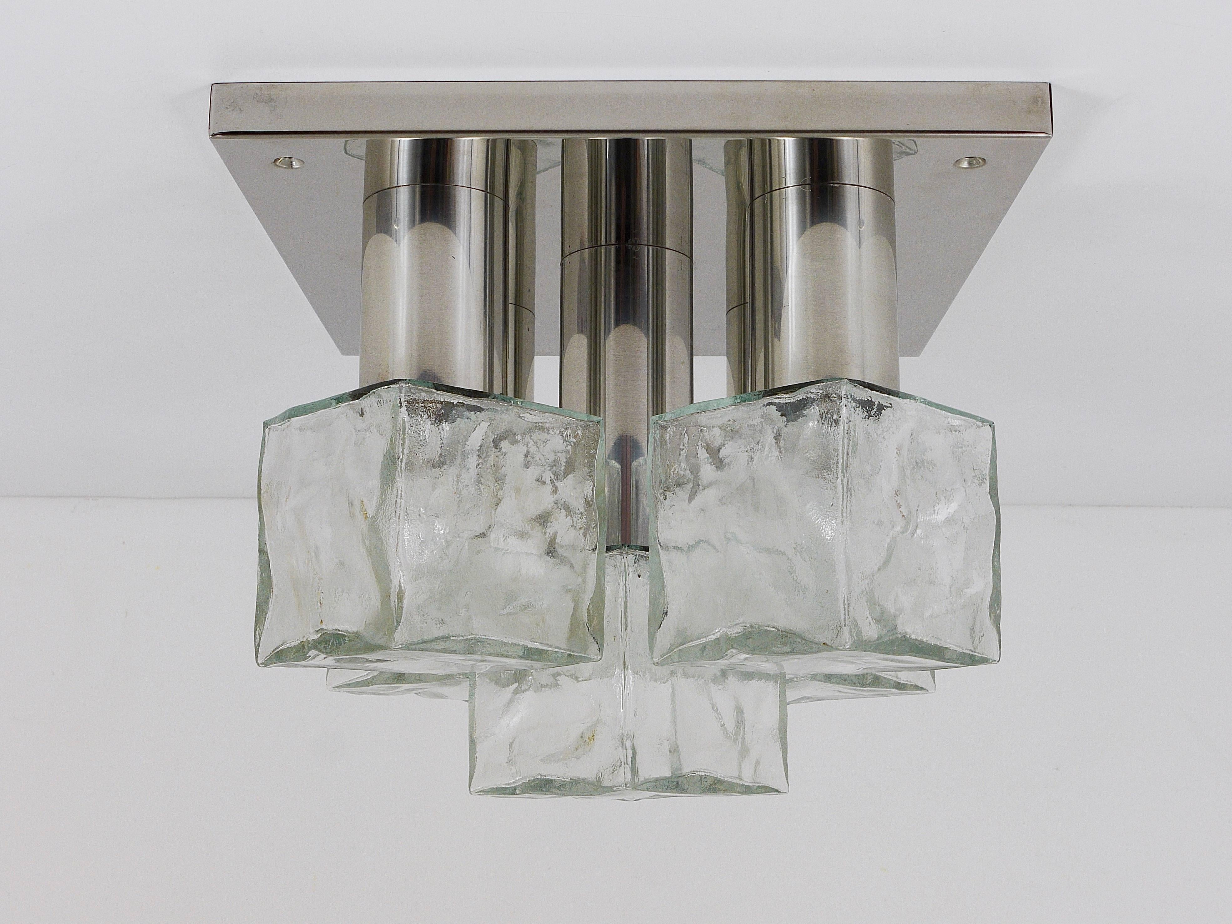 J.T. Kalmar Ice Cube Glass Flush Mount Chandelier or Sconce, Austria, 1960s In Good Condition For Sale In Vienna, AT