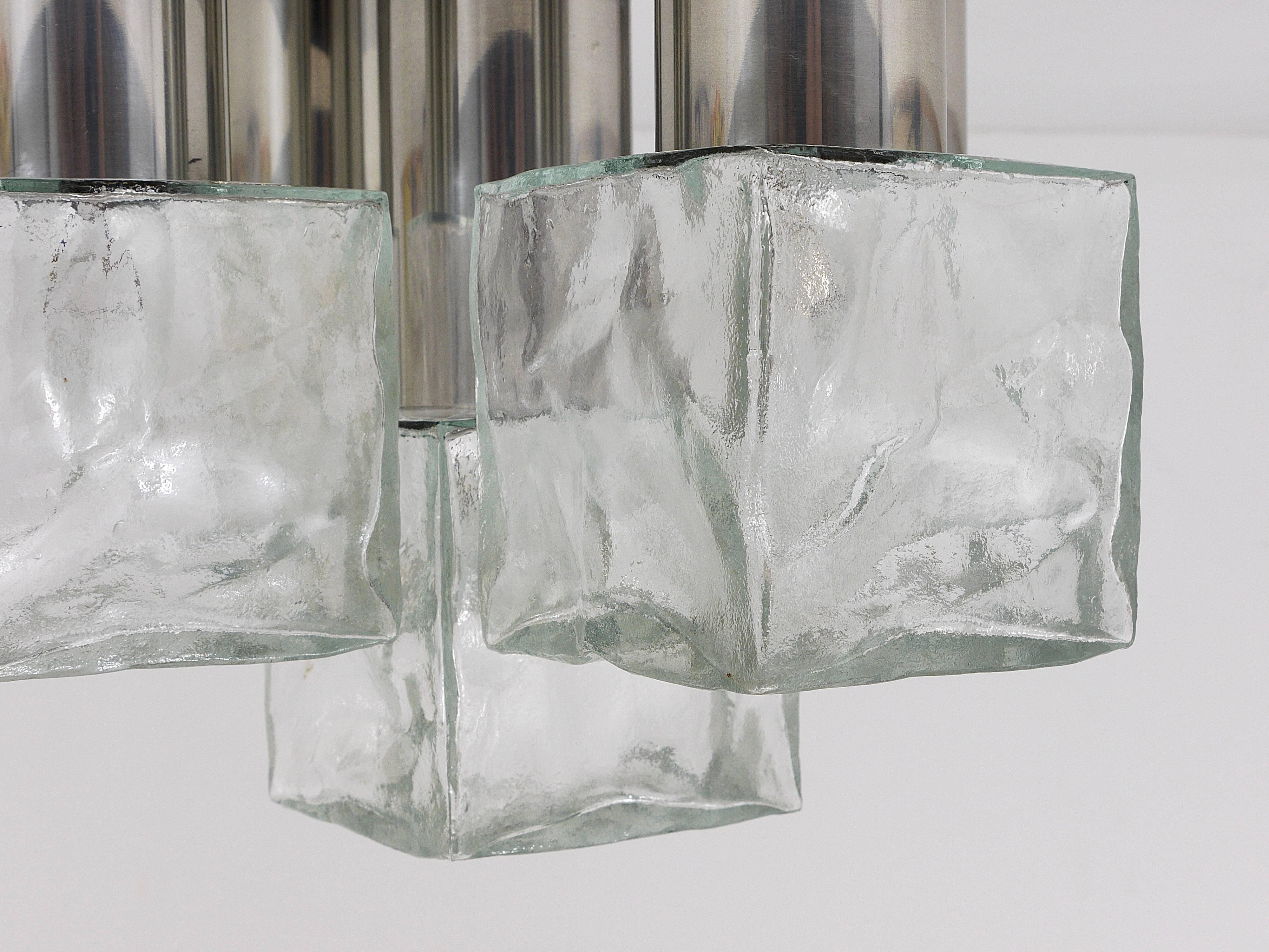 Stainless Steel J.T. Kalmar Ice Cube Glass Flush Mount Chandelier or Sconce, Austria, 1960s For Sale