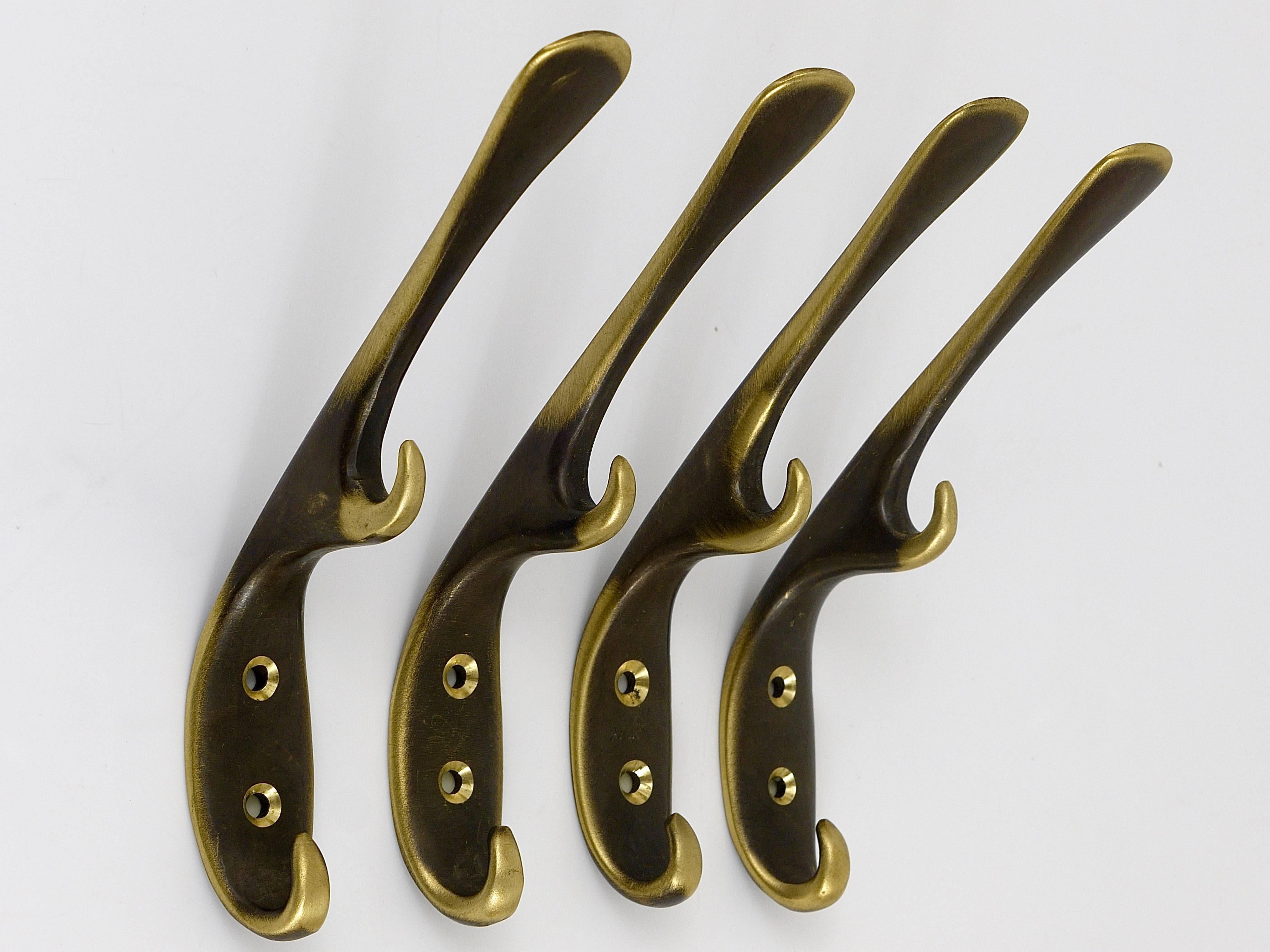 Set of Four Carl Auböck Mid-Century Brass Wall Hooks, Austria In Excellent Condition In Vienna, AT