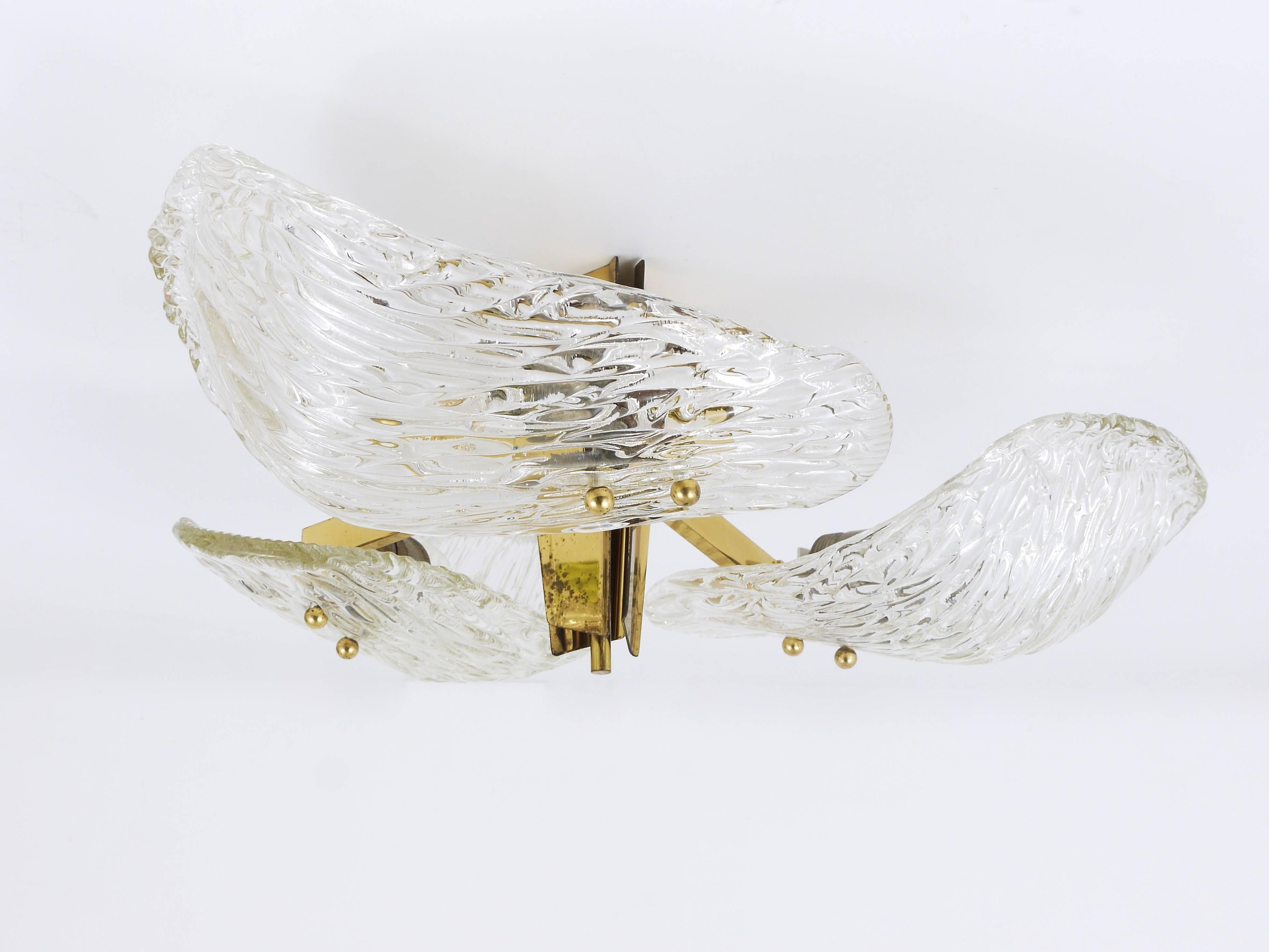 Kalmar Three-Arm Brass and Textured Glass Flush Mount Chandelier, Austria, 1950s In Excellent Condition In Vienna, AT