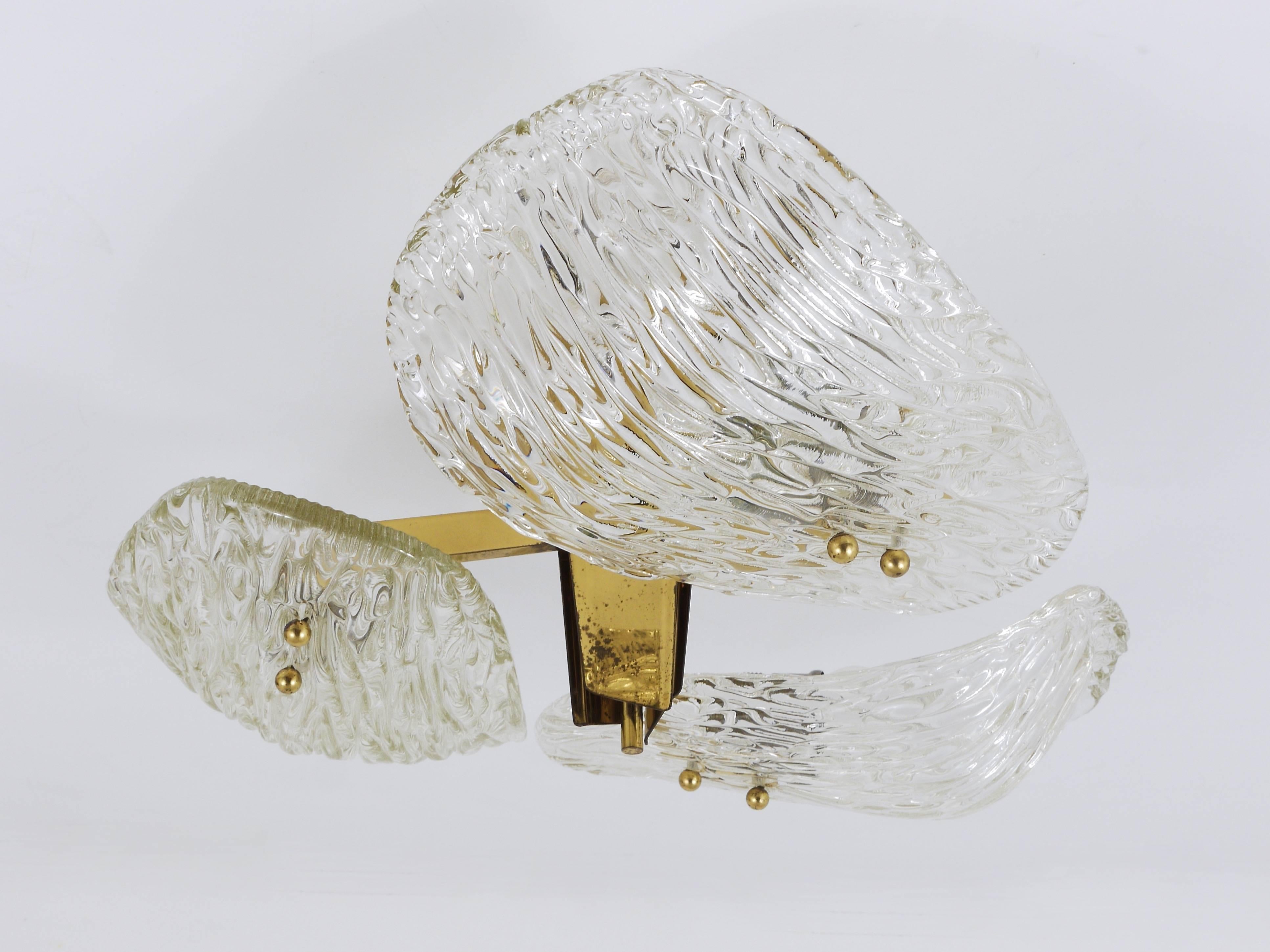Austrian Kalmar Three-Arm Brass and Textured Glass Flush Mount Chandelier, Austria, 1950s