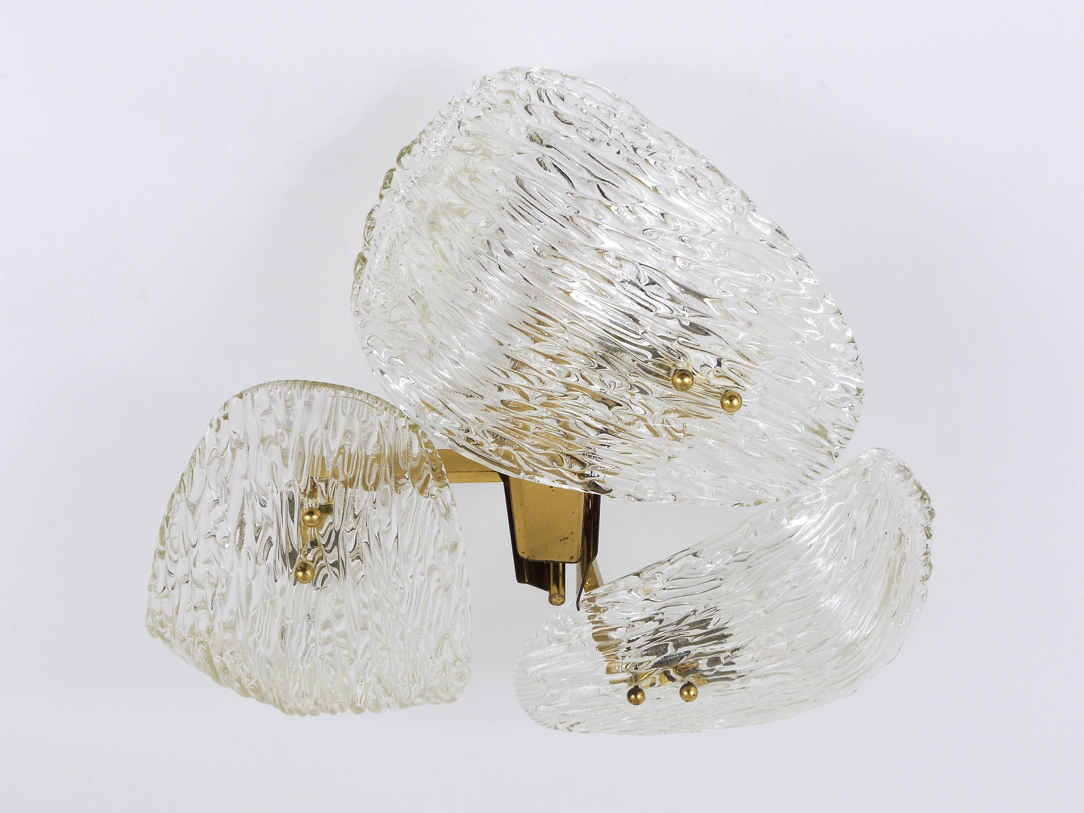 20th Century Kalmar Three-Arm Brass and Textured Glass Flush Mount Chandelier, Austria, 1950s