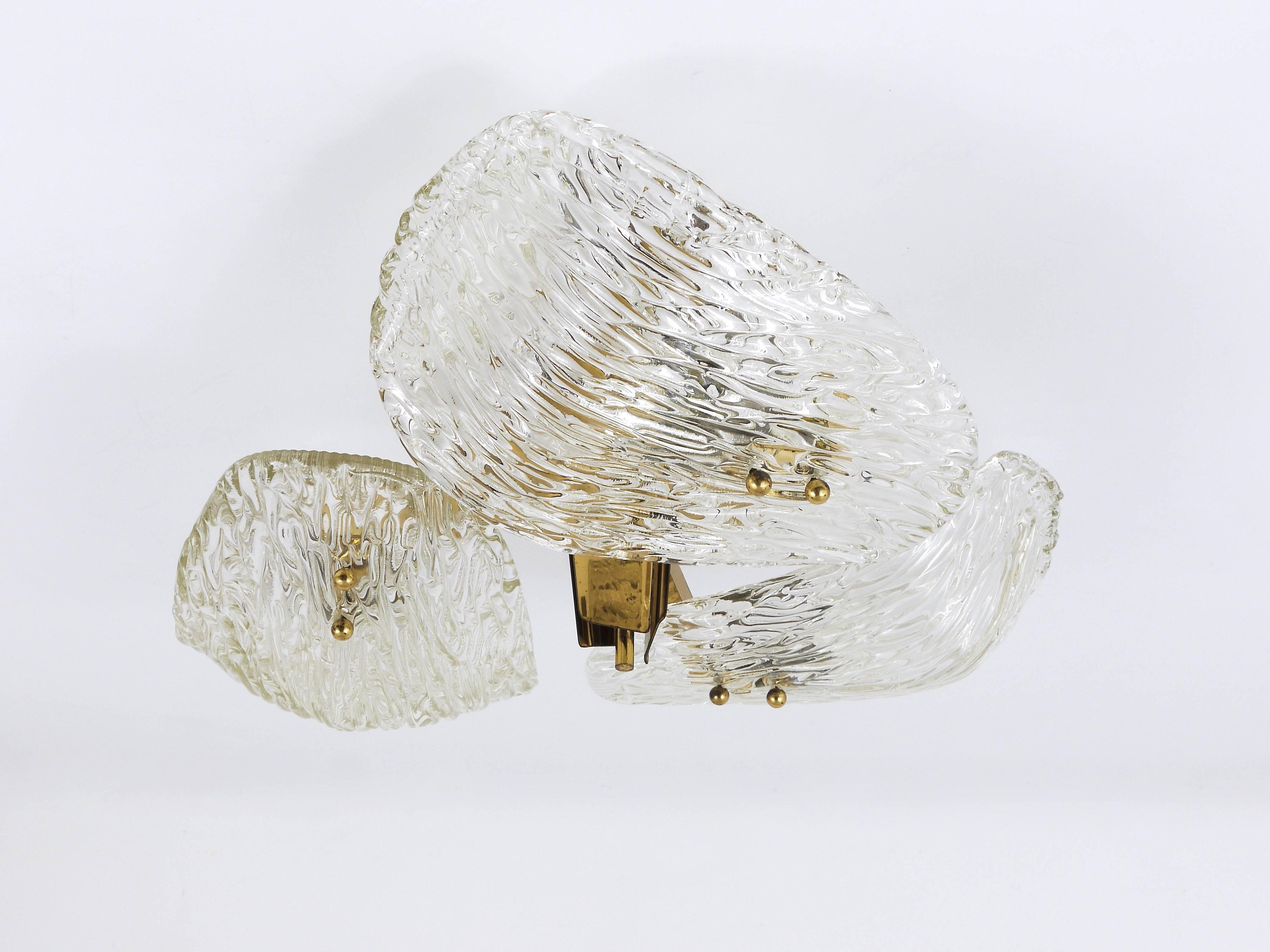 Kalmar Three-Arm Brass and Textured Glass Flush Mount Chandelier, Austria, 1950s 3