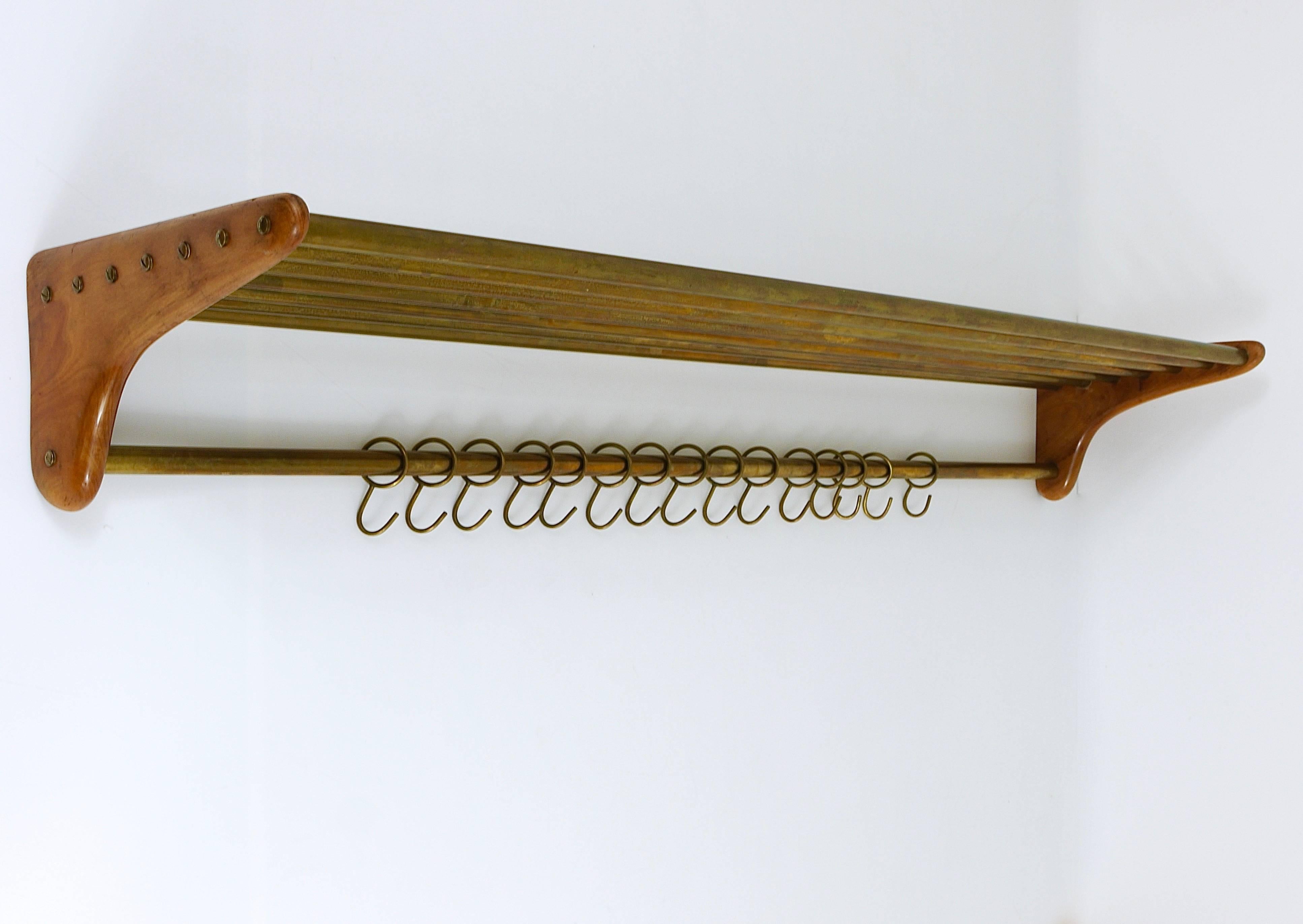 Rare Carl Auböck Walnut and Brass Coat Rack, Austria, 1950s In Distressed Condition In Vienna, AT