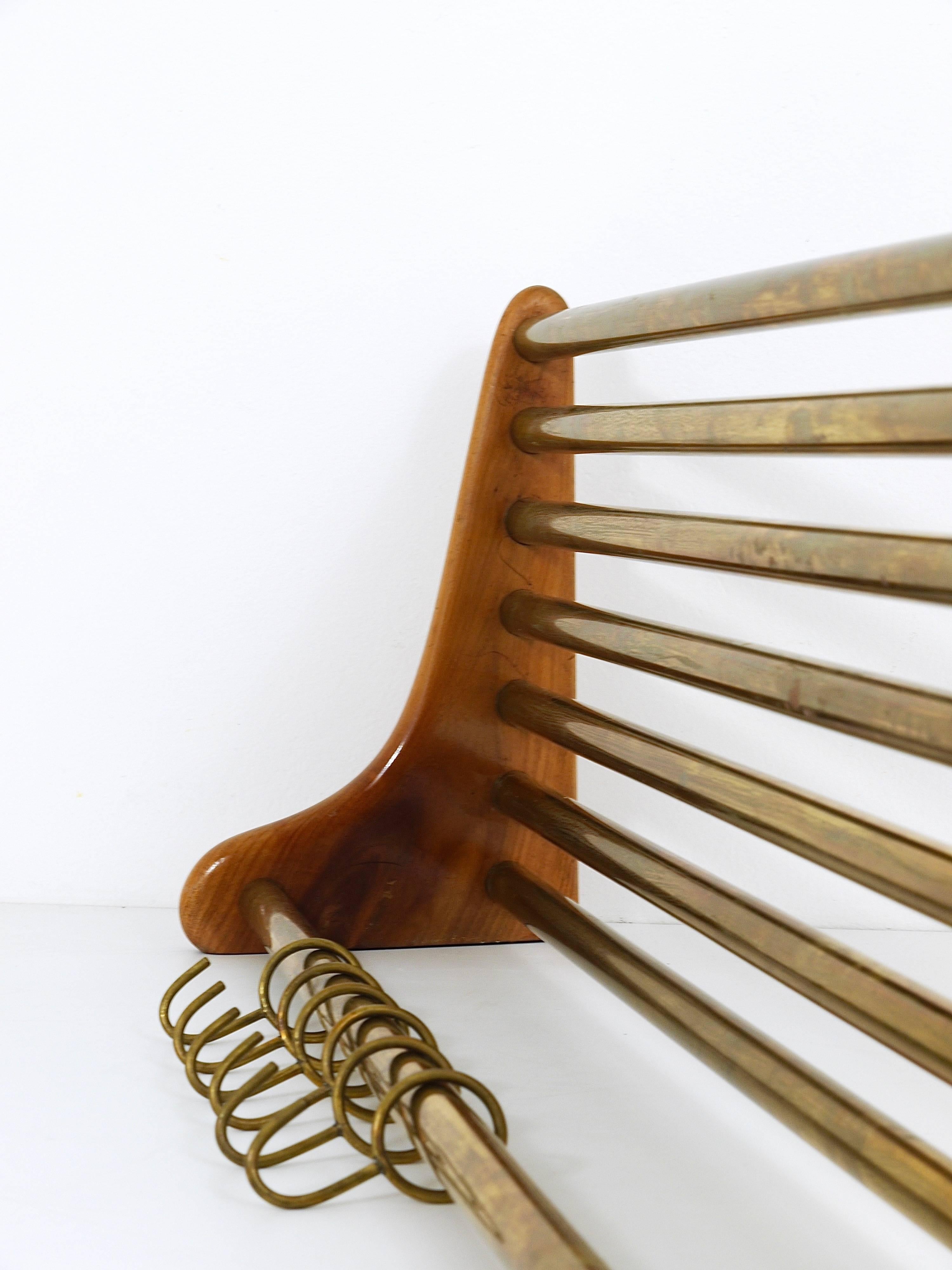 Austrian Rare Carl Auböck Walnut and Brass Coat Rack, Austria, 1950s