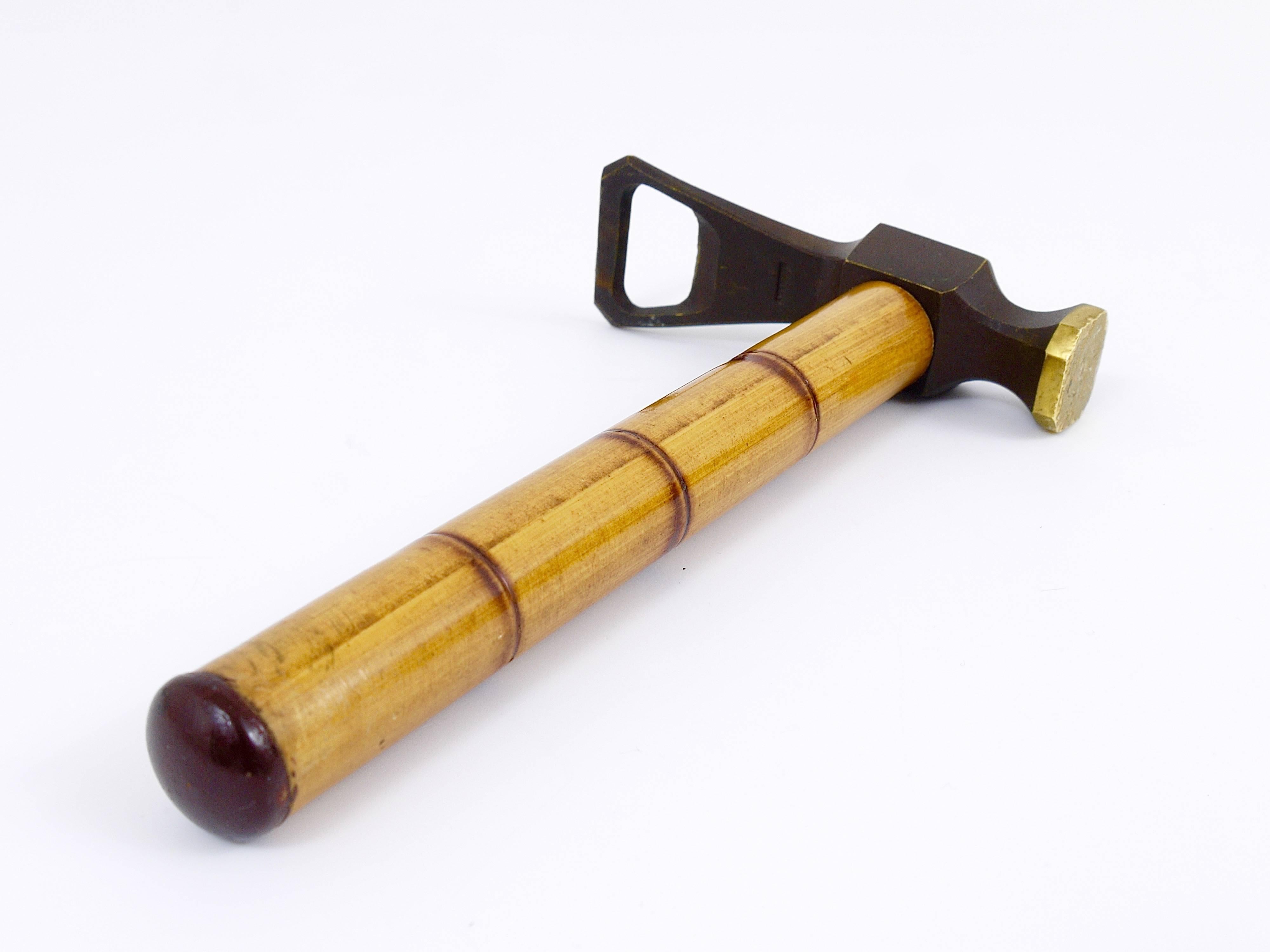 German Mid-Century Brass Hammer Bottle Opener, Cork Screw with Bamboo Handle, 1950s