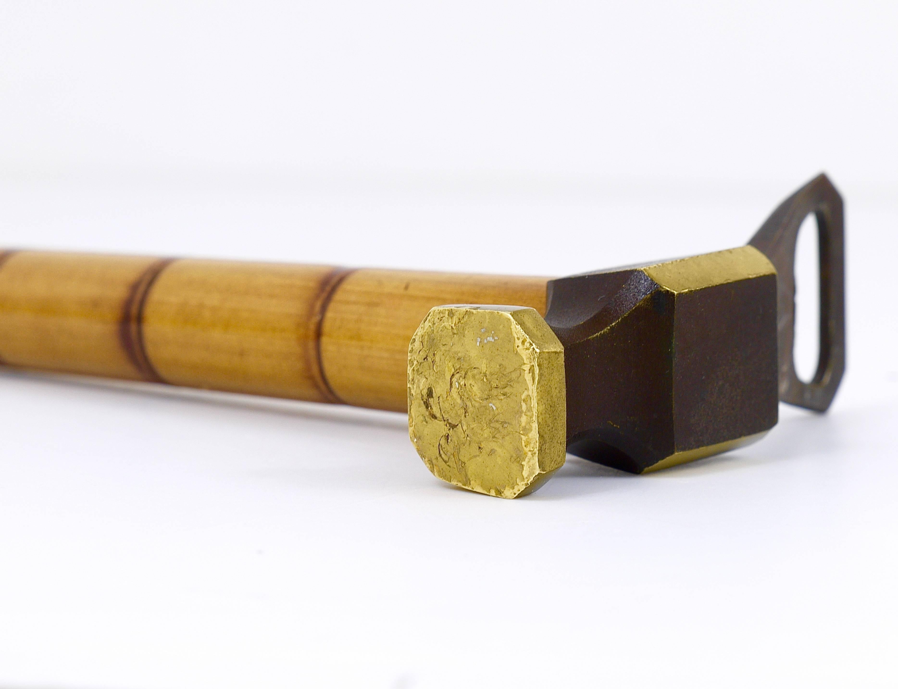 Mid-Century Brass Hammer Bottle Opener, Cork Screw with Bamboo Handle, 1950s 2