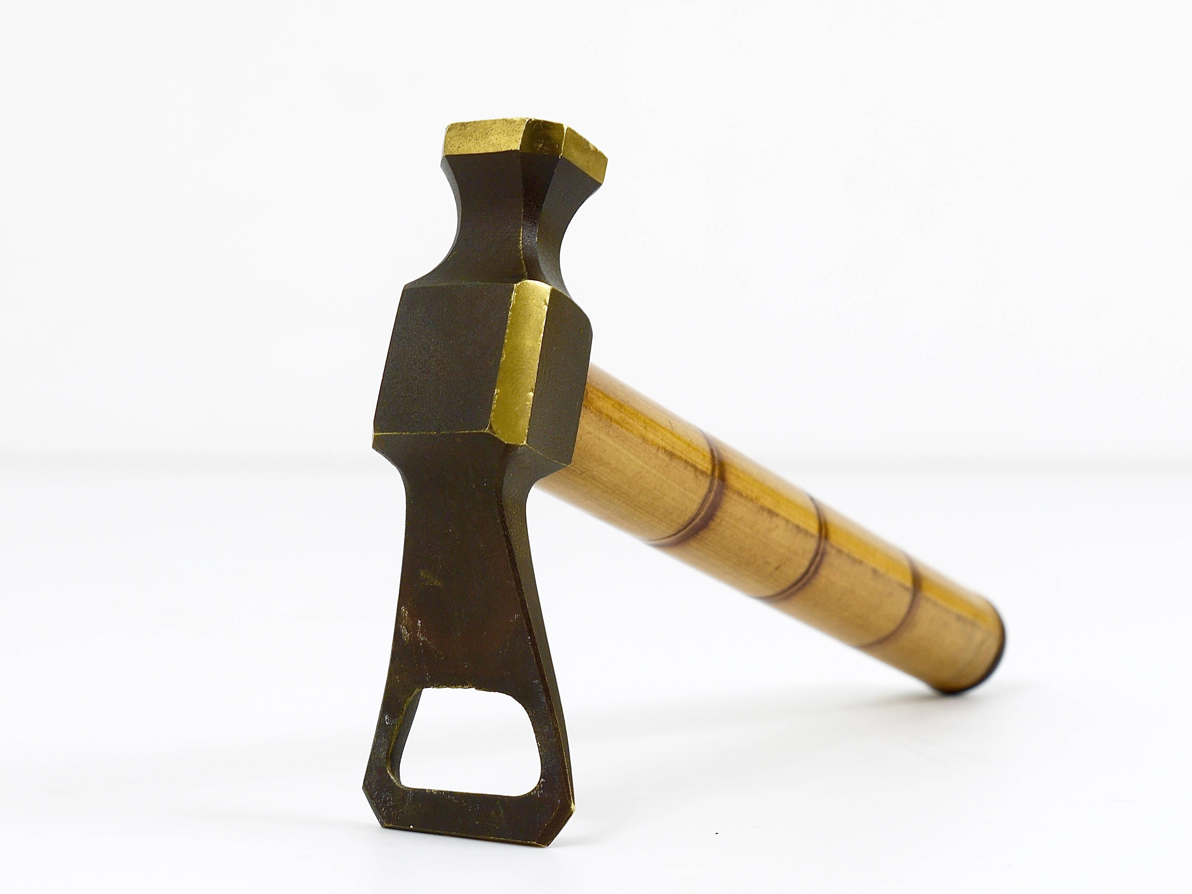 Mid-Century Modern Mid-Century Brass Hammer Bottle Opener, Cork Screw with Bamboo Handle, 1950s