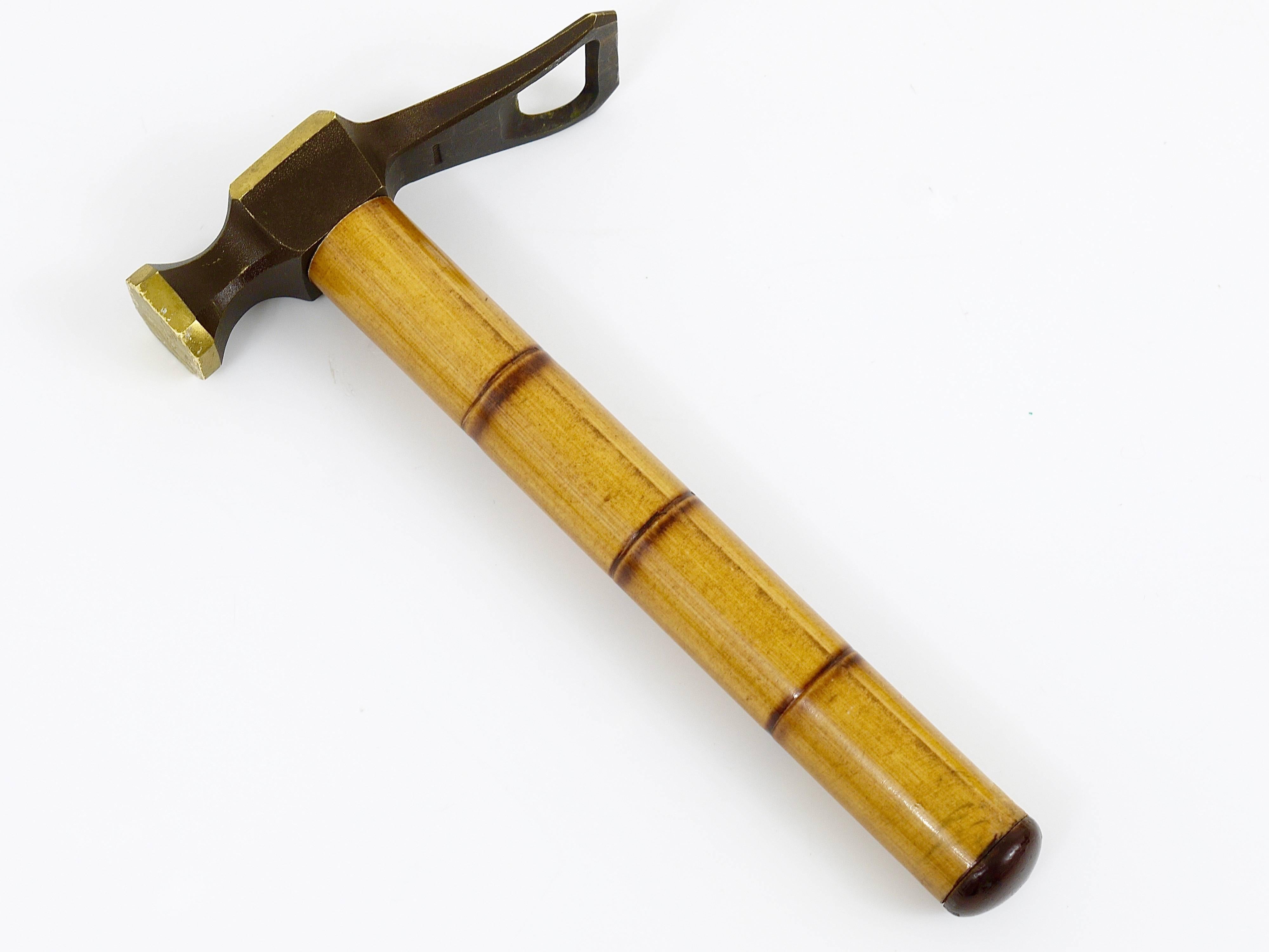 20th Century Mid-Century Brass Hammer Bottle Opener, Cork Screw with Bamboo Handle, 1950s