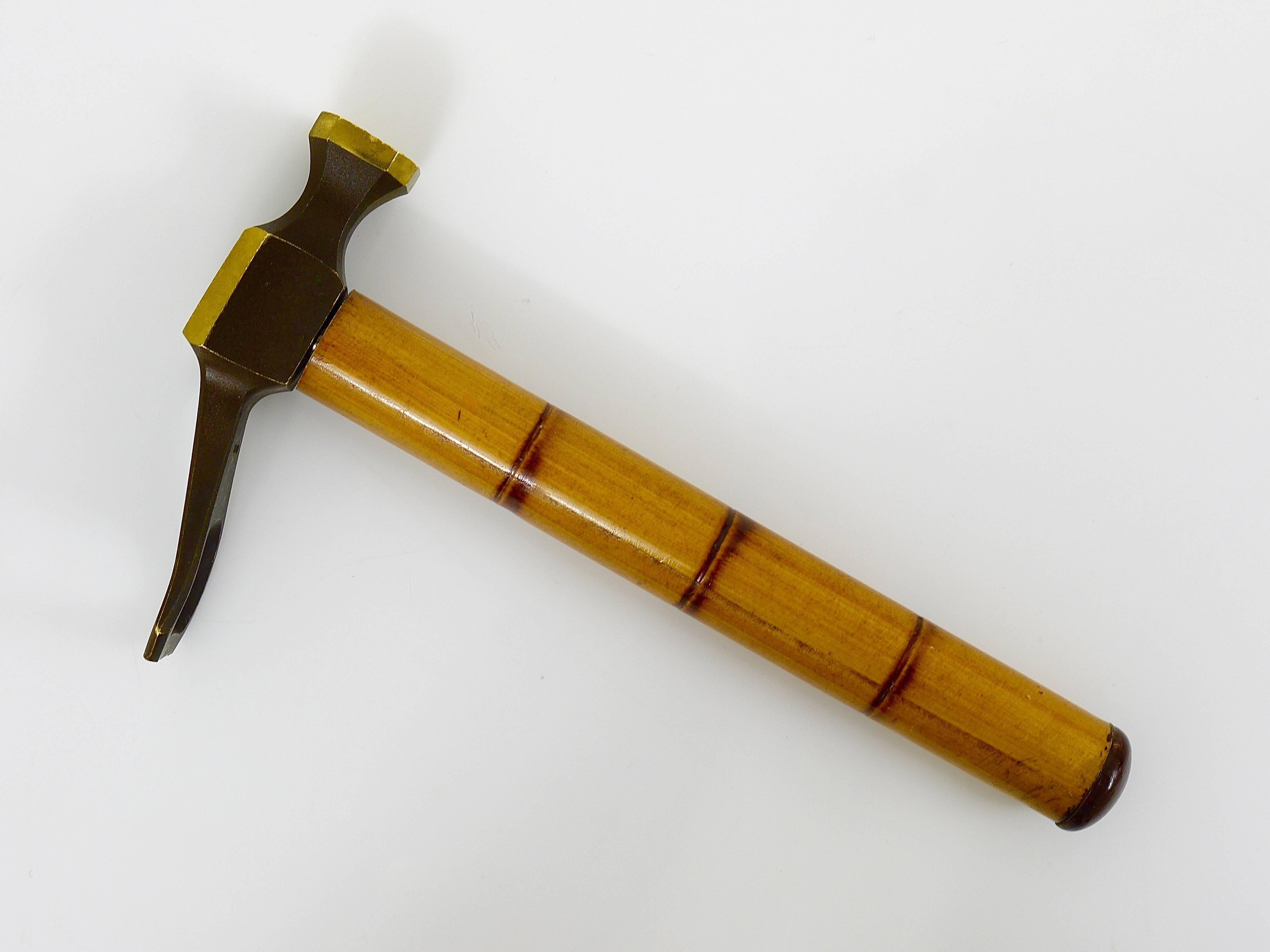 Mid-Century Brass Hammer Bottle Opener, Cork Screw with Bamboo Handle, 1950s 1