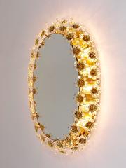 Palwa Backlit Flower Wall Mirror, Gilt Brass and Crystals, Germany, 1970