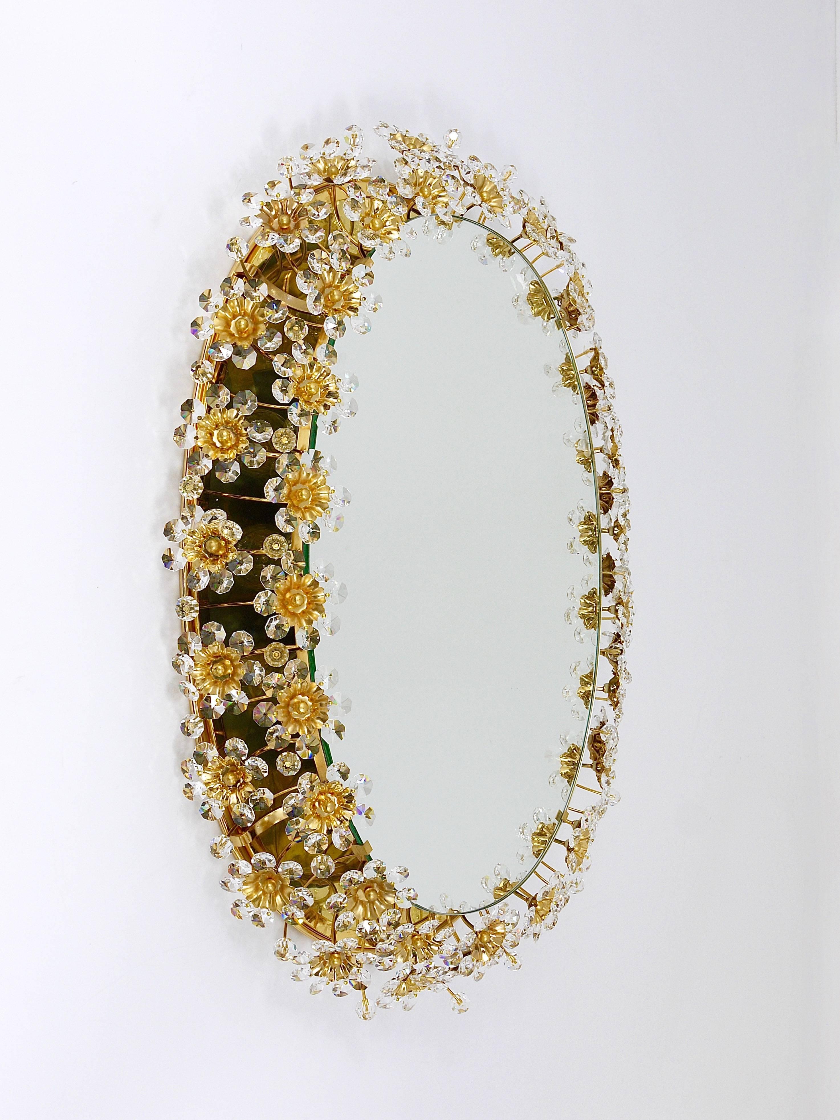Palwa Backlit Flower Wall Mirror, Gilt Brass and Crystals, Germany, 1970 (Hollywood Regency)