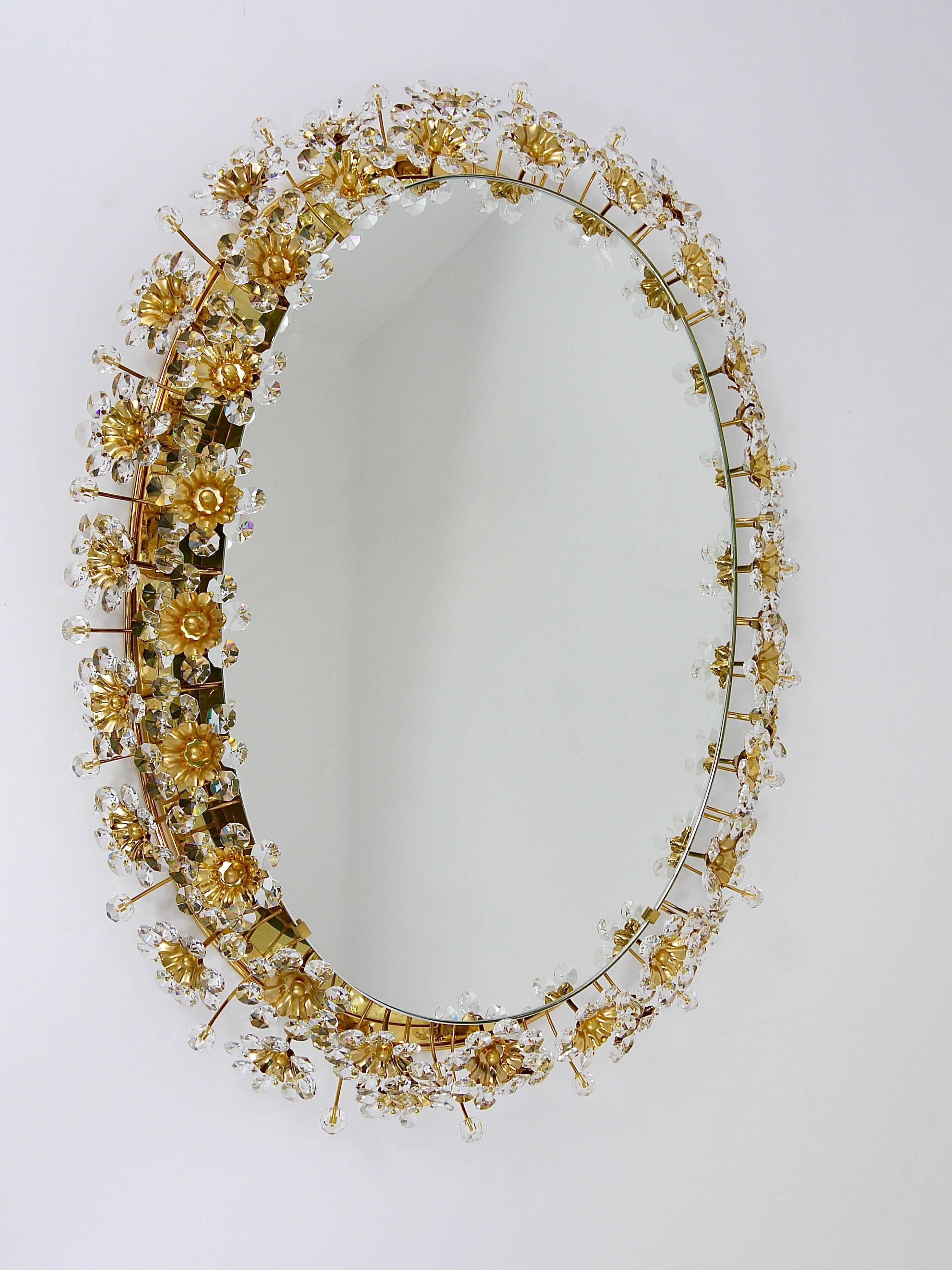 Palwa Backlit Flower Wall Mirror, Gilt Brass and Crystals, Germany, 1970 (Facettiert)