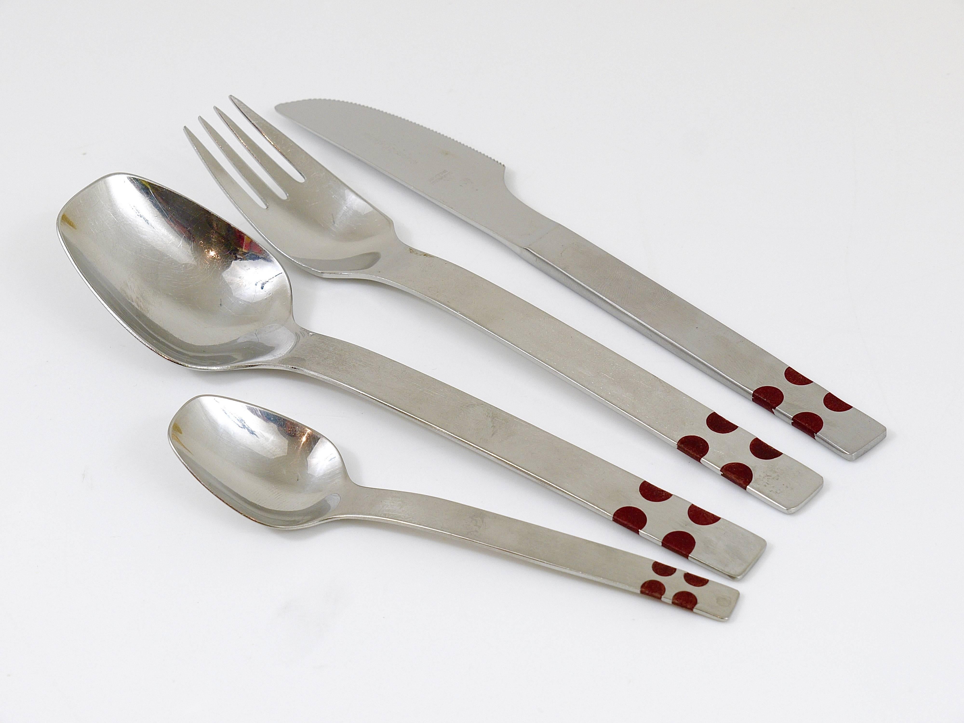 Beautiful modernist flatware cutlery originating from Austria, Model 2200. Design by Helmut Alder and manufactured by Amboss Austria during the 1960s. This high-quality flatware set is forged from durable stainless steel, ensuring longevity and