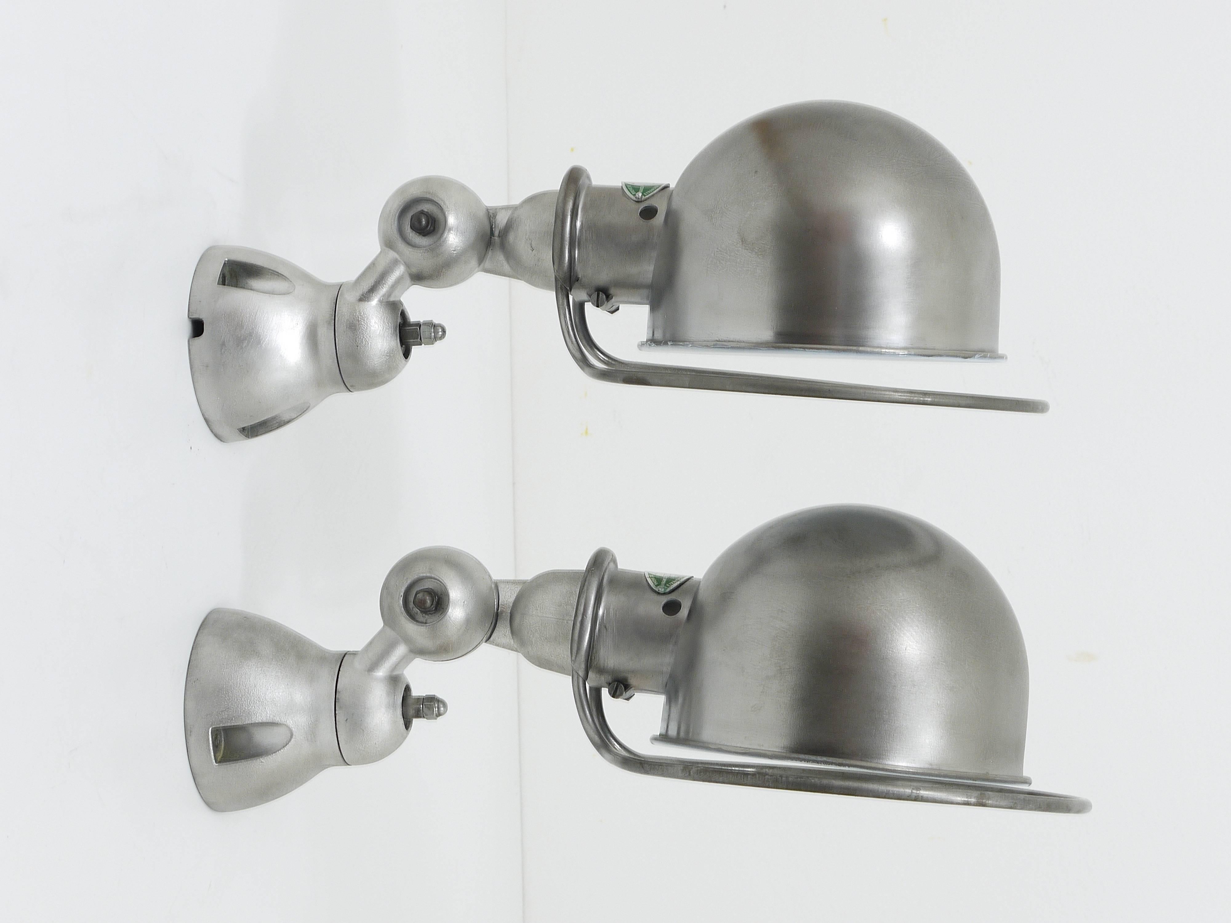 Brushed Two French Jean Louis Domecq Jielde Lyon Industrial Wall Lamp Sconces, 1950s