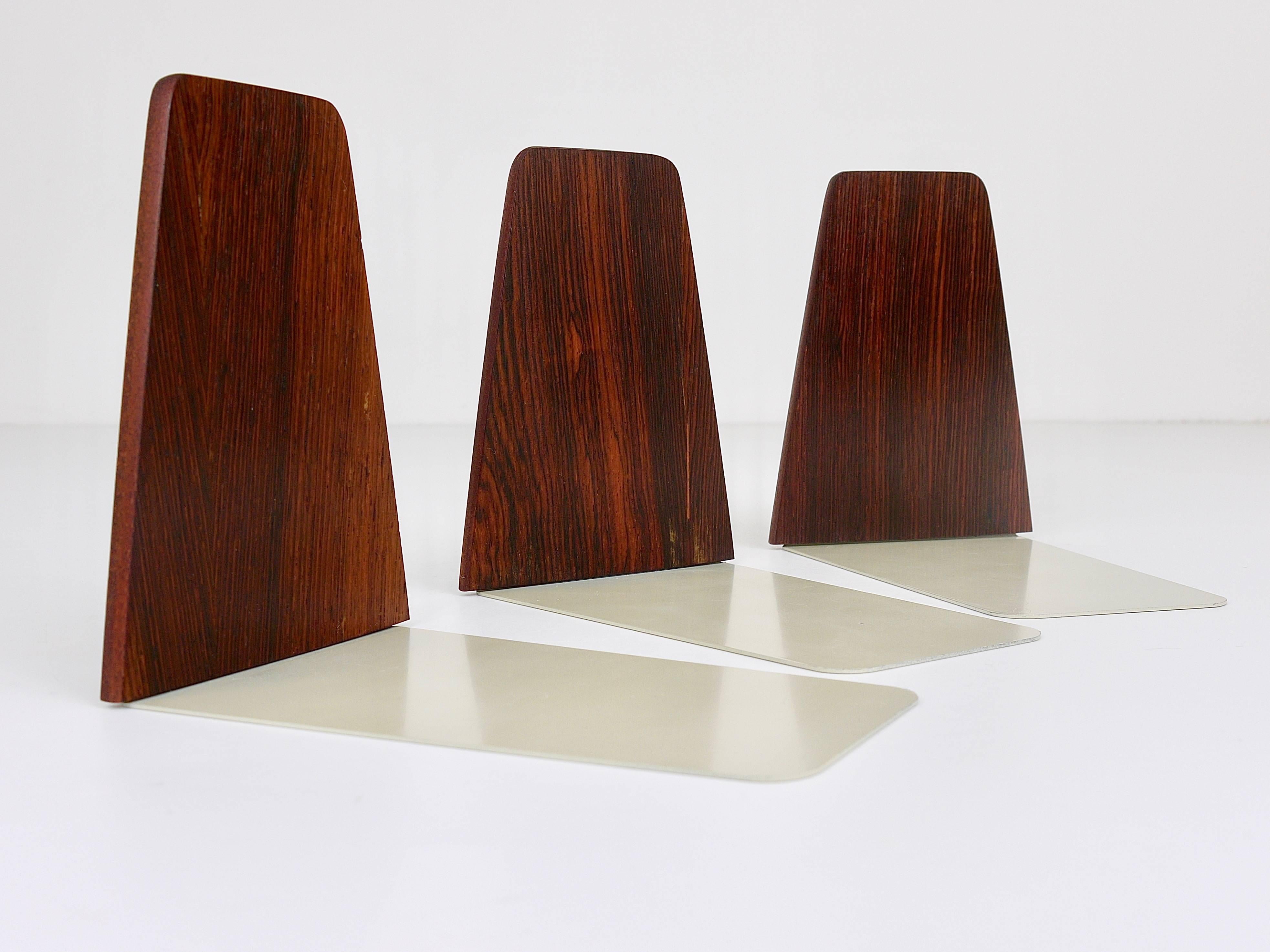 Three Danish Modern Rosewood and Metal Book Ends, Denmark, 1960s 2