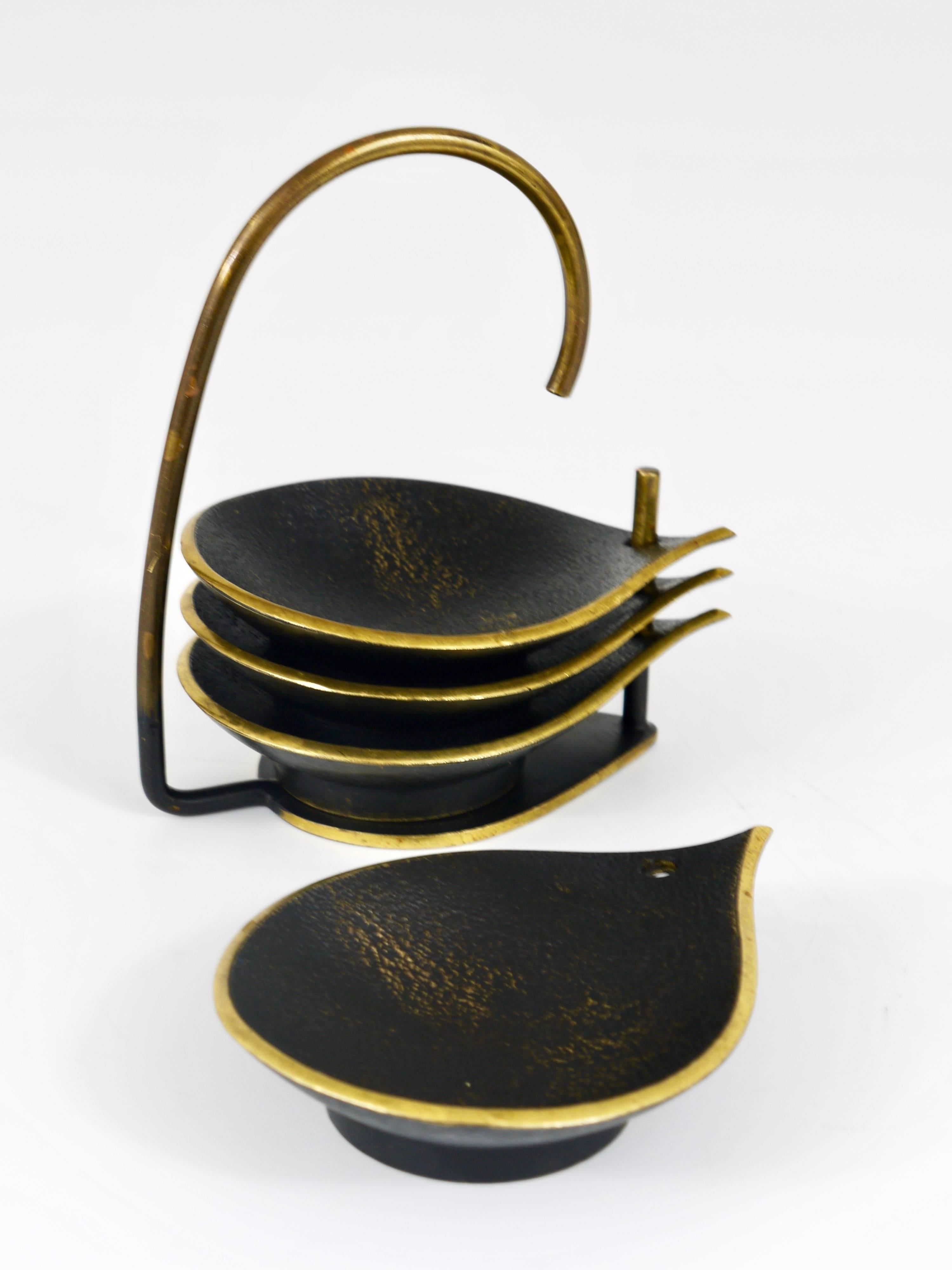 Mid-Century Modern Set of Four Stackable Mid-Century Drop-Shaped Brass Ashtrays with Stand, Austria