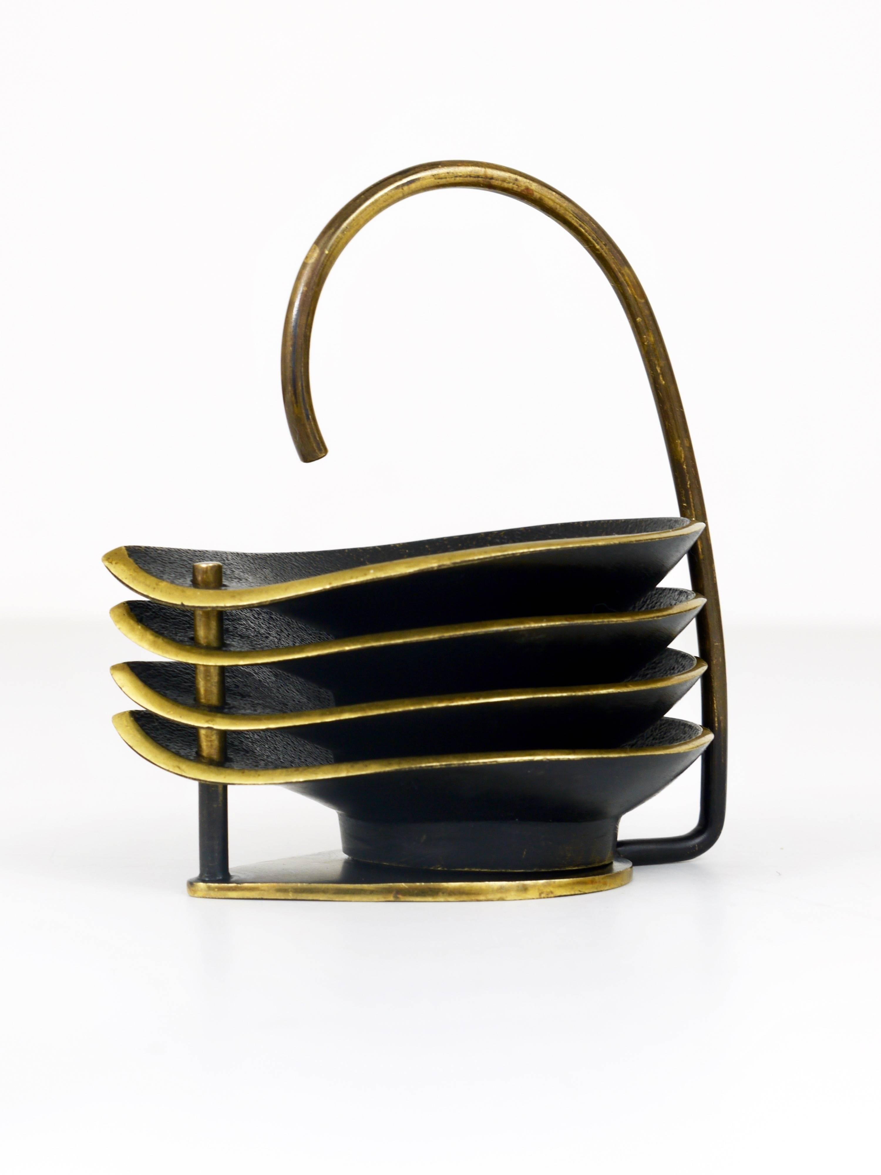 Austrian Set of Four Stackable Mid-Century Drop-Shaped Brass Ashtrays with Stand, Austria