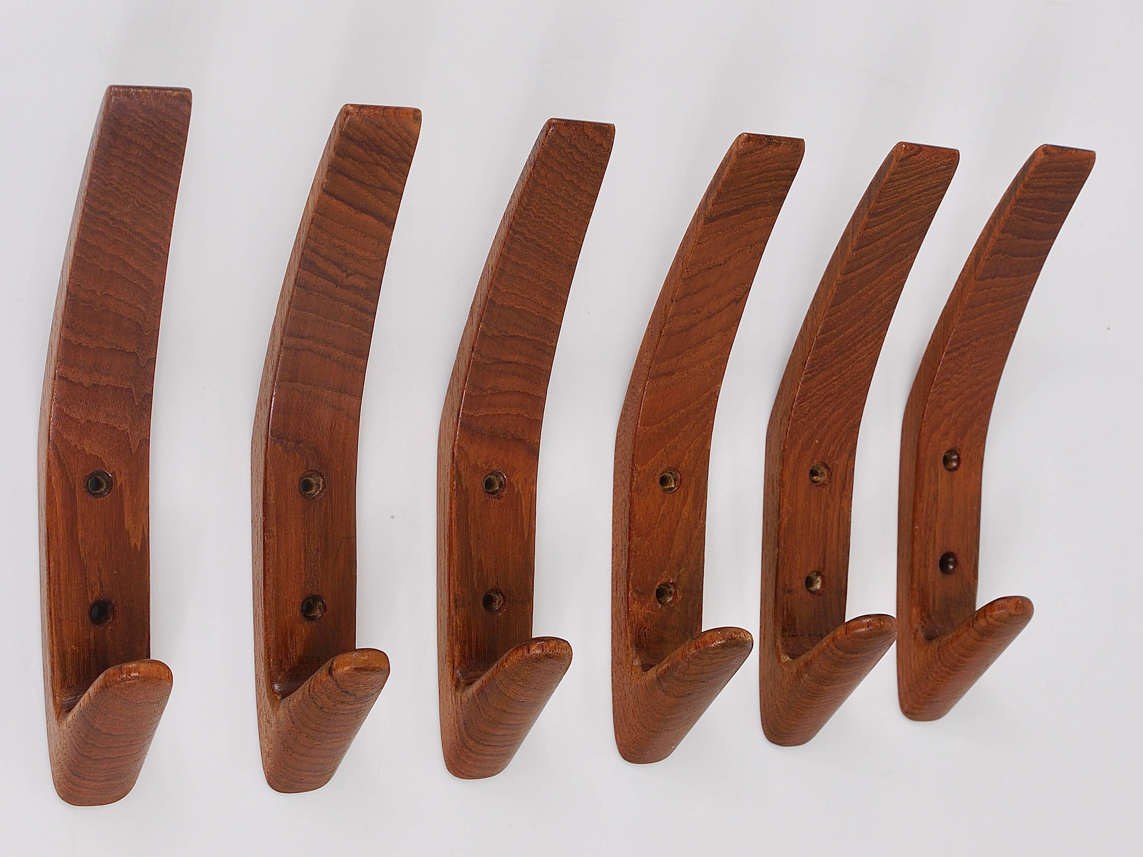 Mid-Century Modern Set of Six Danish Modern Teak Wall Coat Hooks, Denmark, 1950s