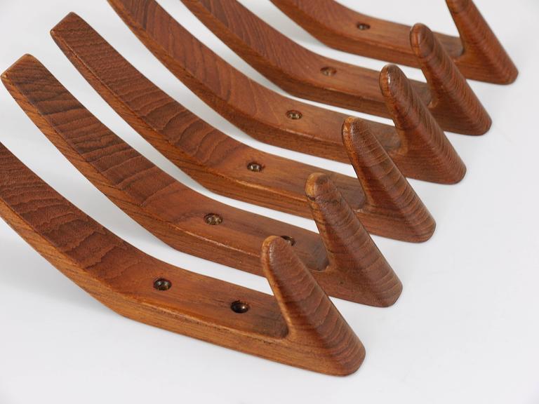 Set of Six Danish Modern Teak Wall Coat Hooks Denmark 1950s