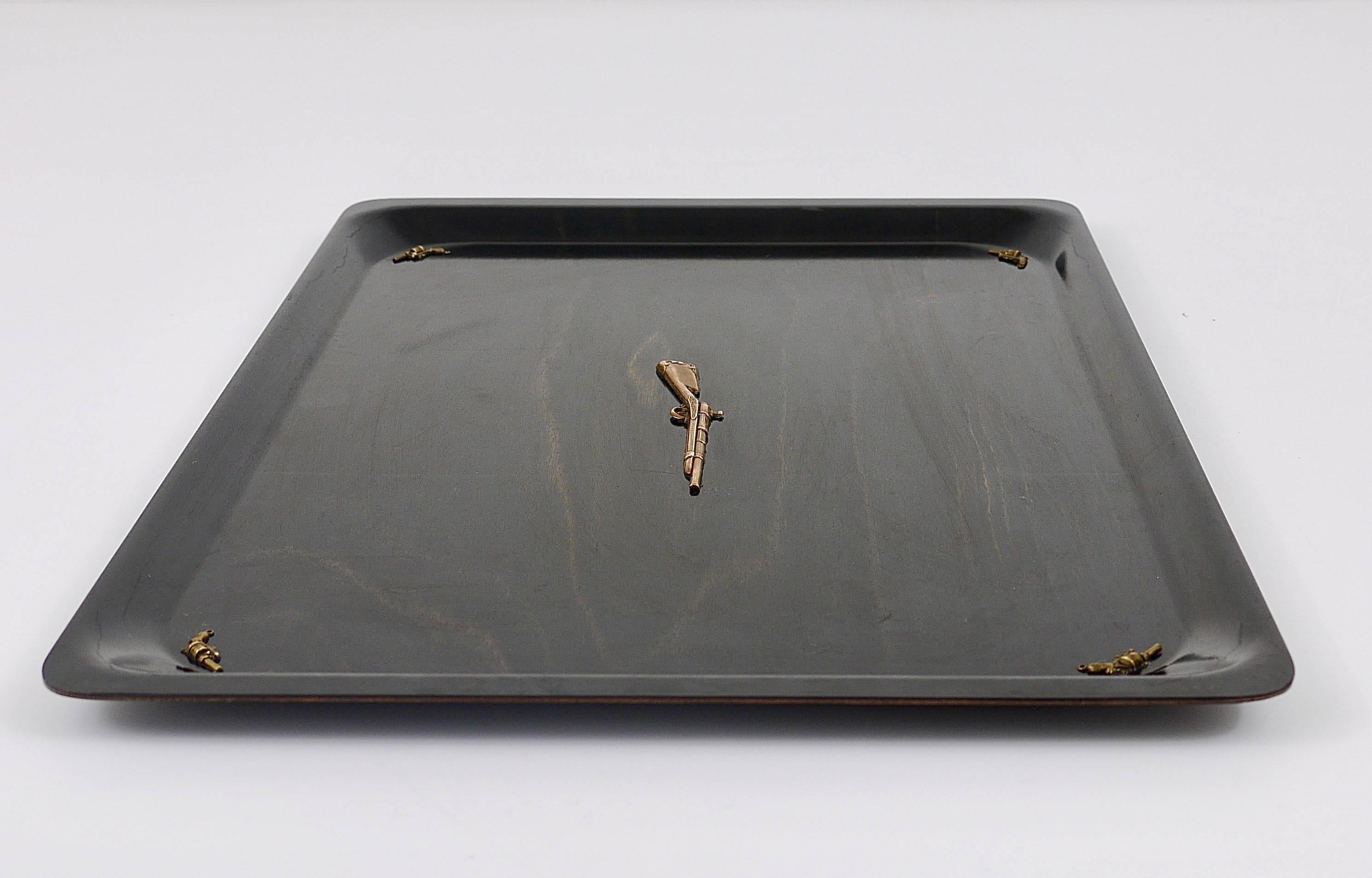 Brass Black Colt and Rifle Serving Tray, Piero Fornasetti Style, Italy, 1960s