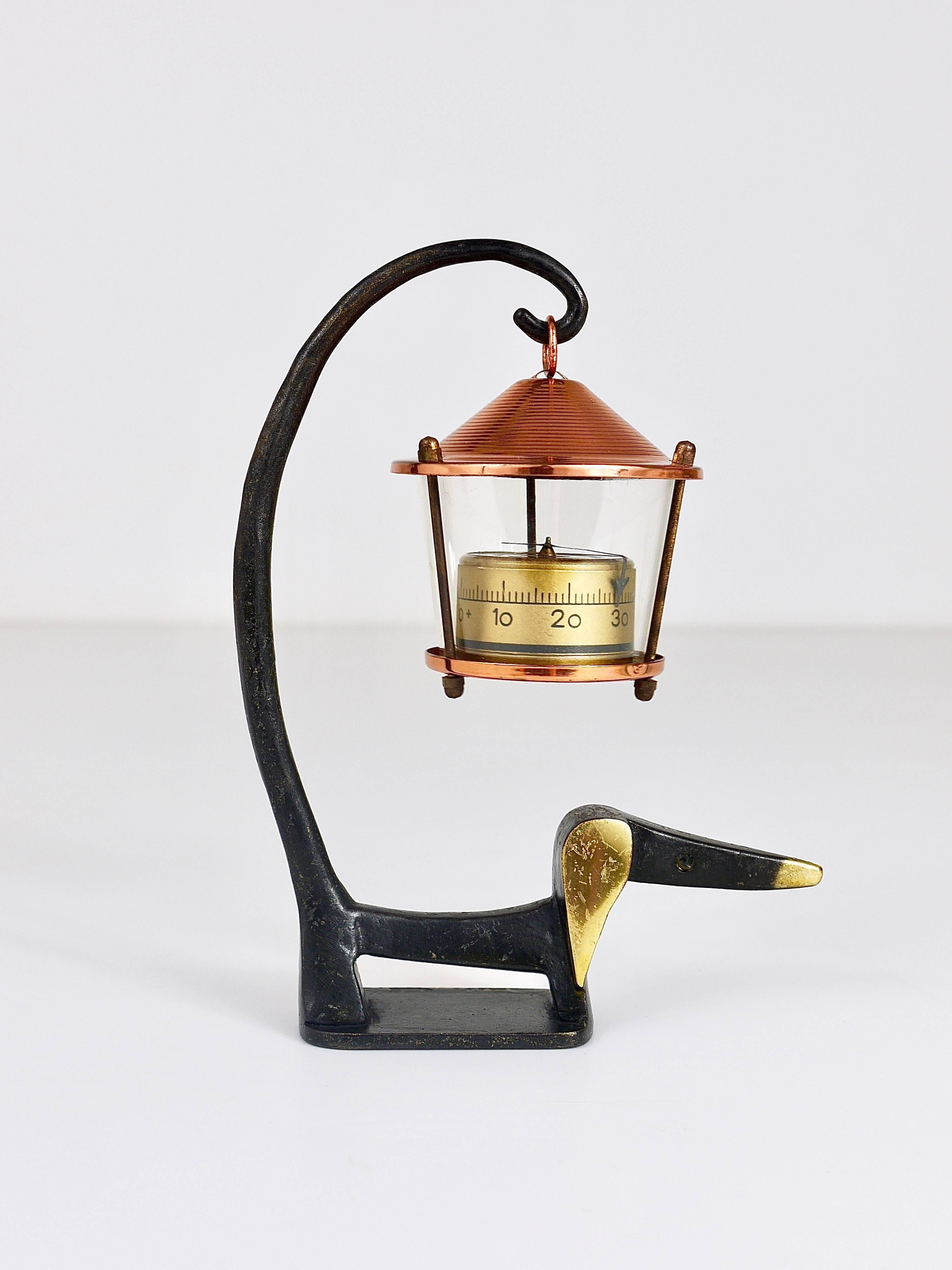 Walter Bosse Wiener Dog Brass Figurine with Lantern Thermometer, Baller, 1950s In Good Condition For Sale In Vienna, AT