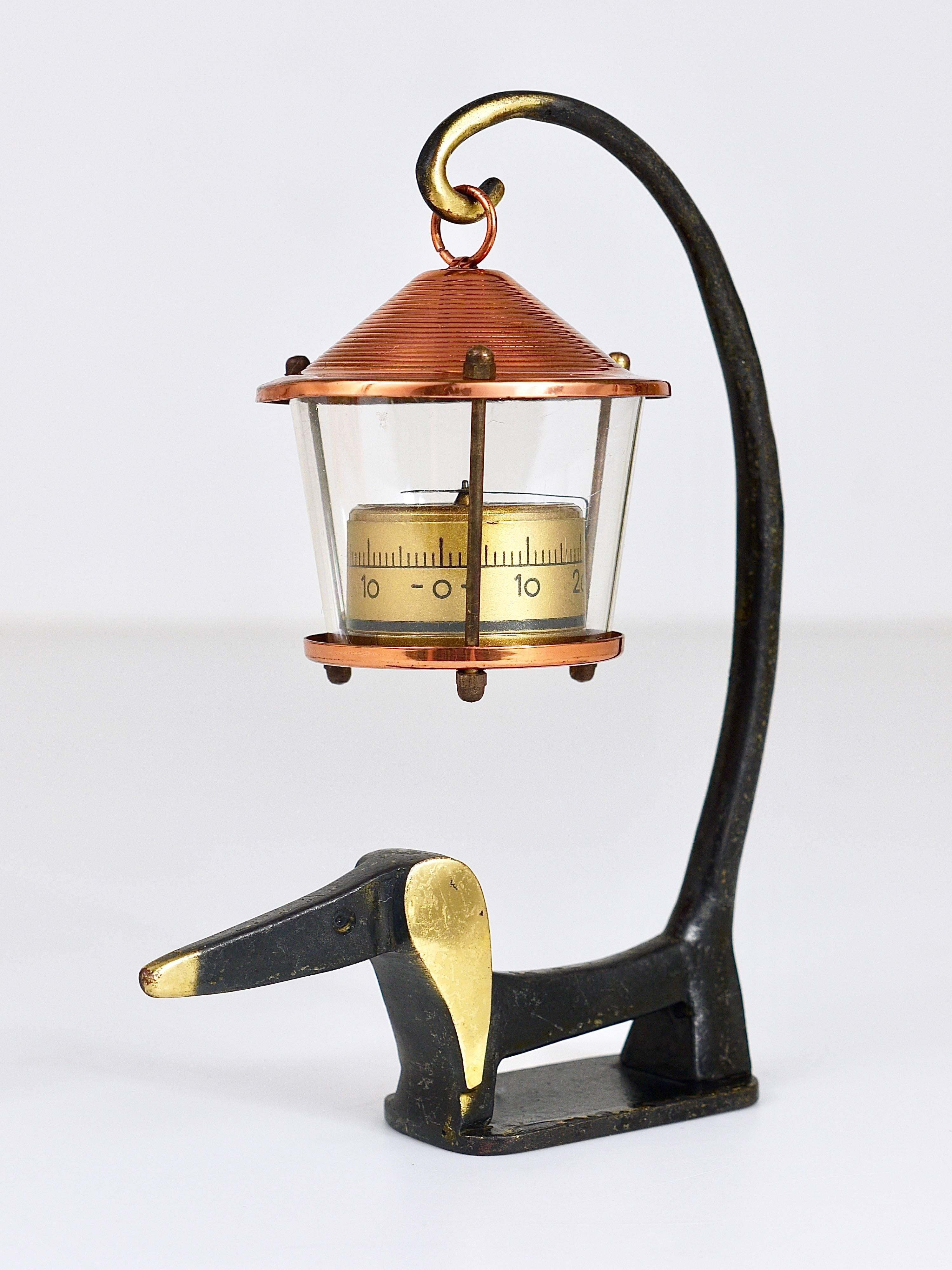 Walter Bosse Wiener Dog Brass Figurine with Lantern Thermometer, Baller, 1950s For Sale 1
