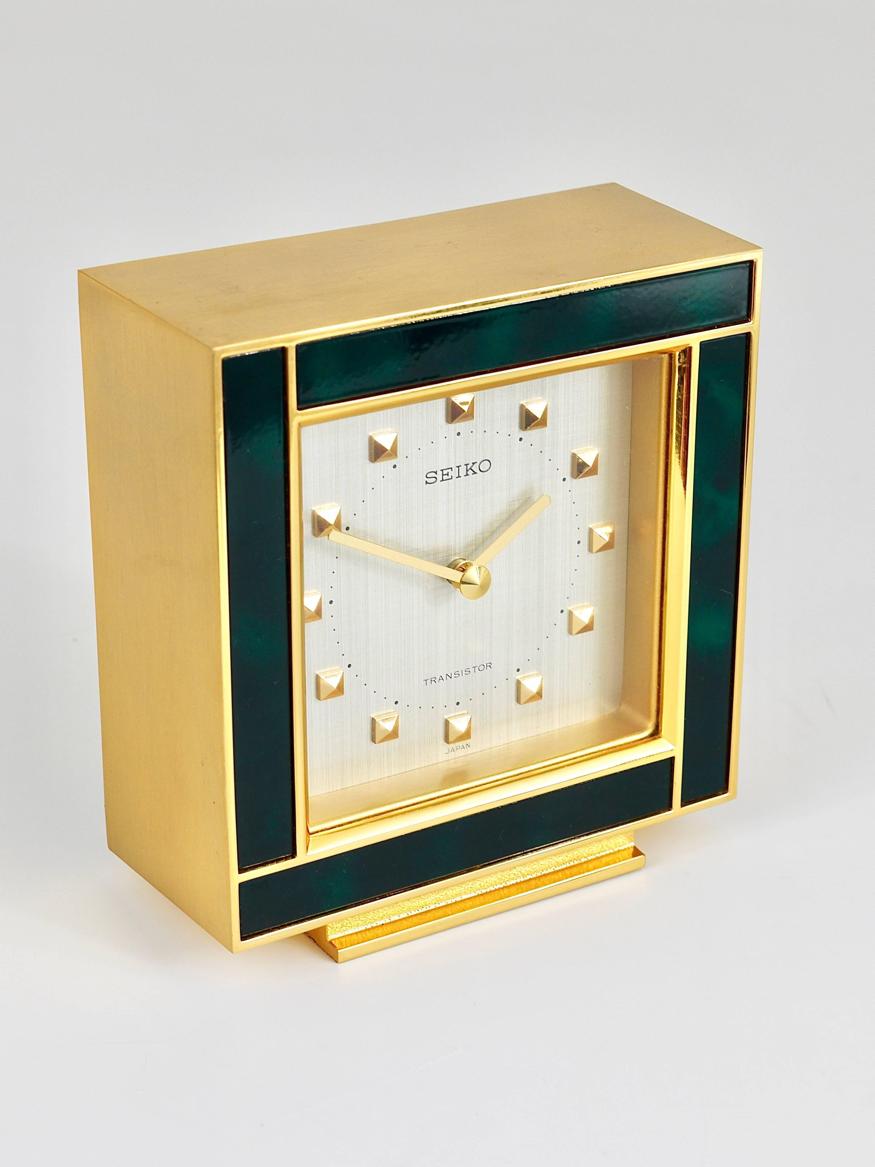 Beautiful Gold and Green Hollywood Regency Table Clock, Seiko, 1970s 2