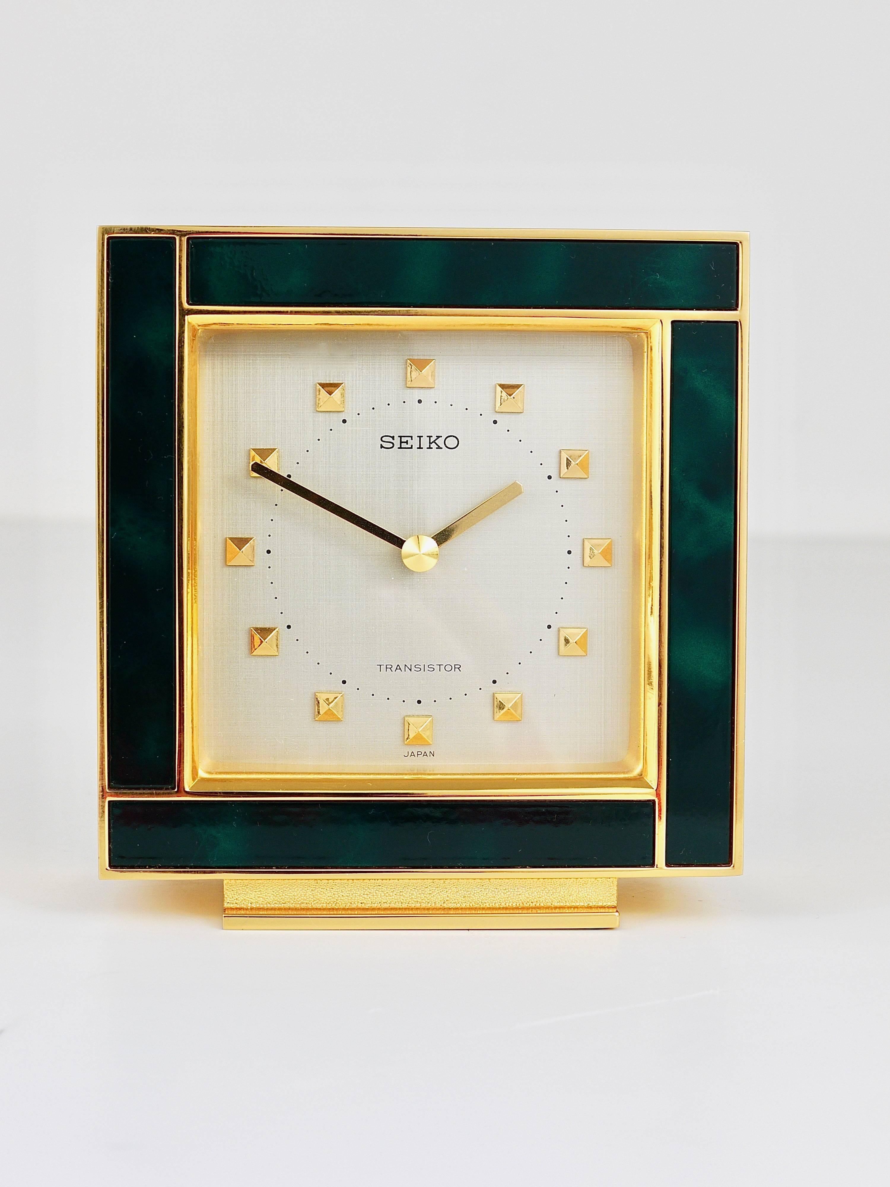 Beautiful Gold and Green Hollywood Regency Table Clock, Seiko, 1970s 3