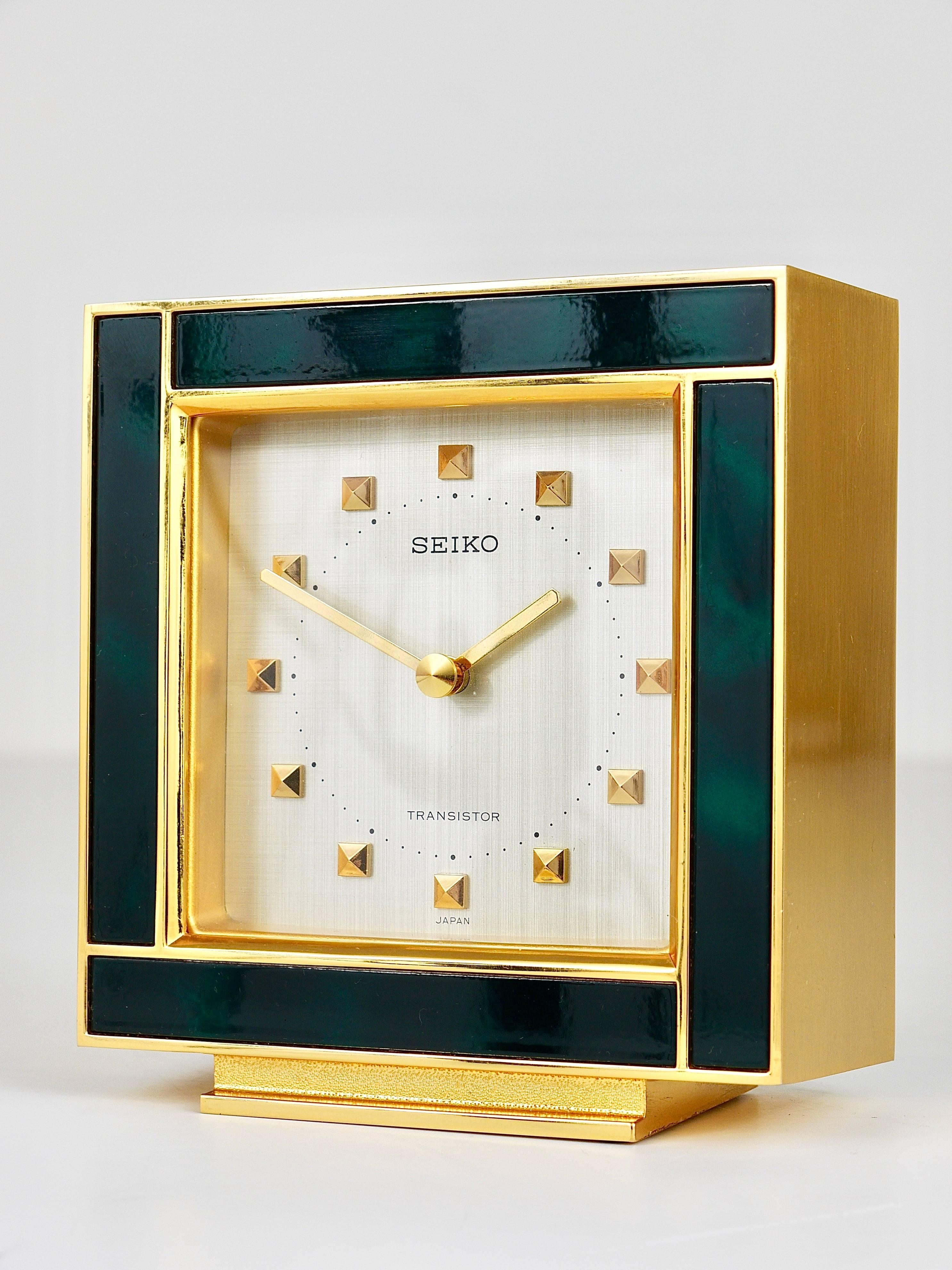 Beautiful Gold and Green Hollywood Regency Table Clock, Seiko, 1970s 4