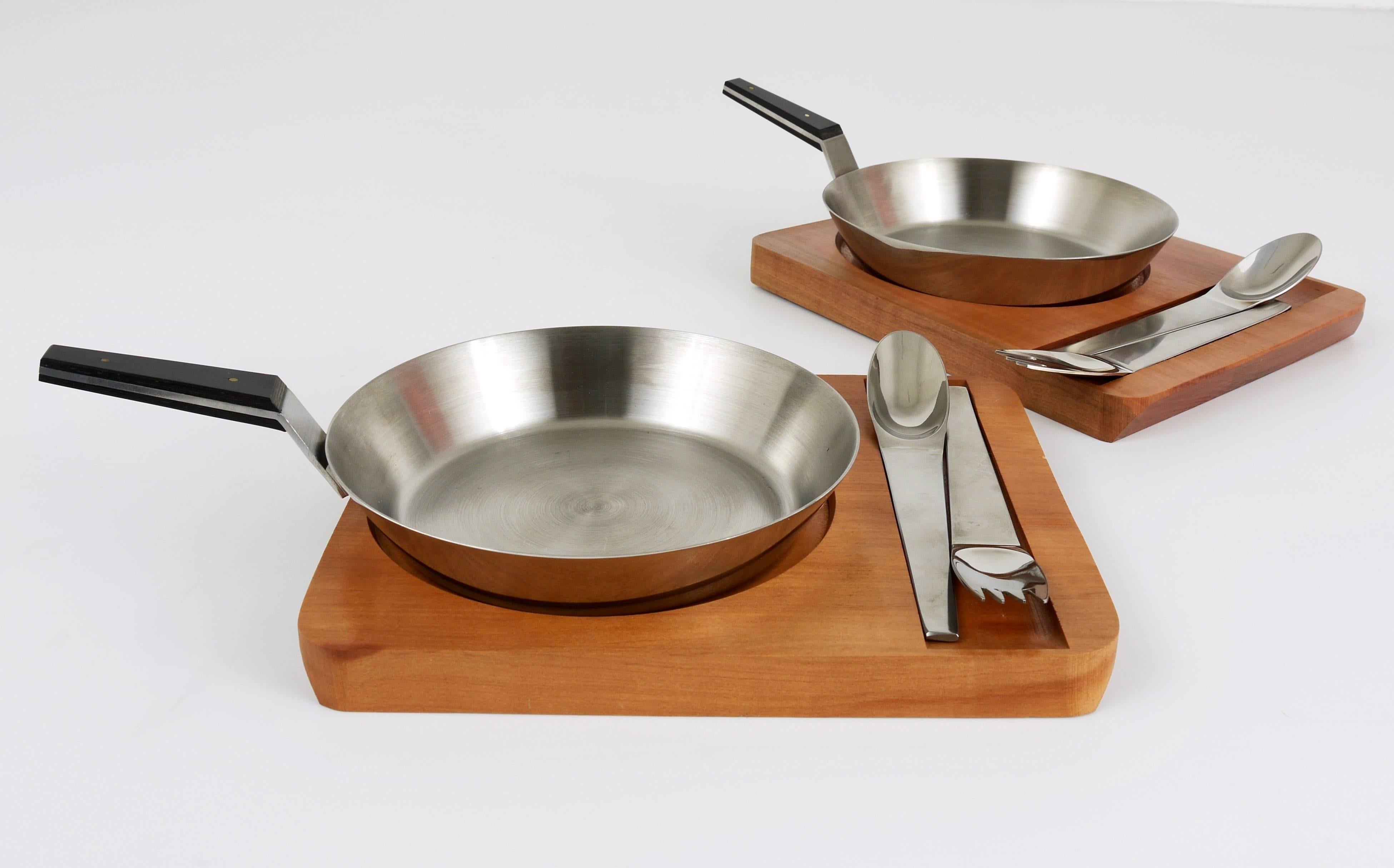 Stainless Steel Two Carl Auböck Pans, Wooden Boards and Amboss 2060 Flatware, Austria, 1950s