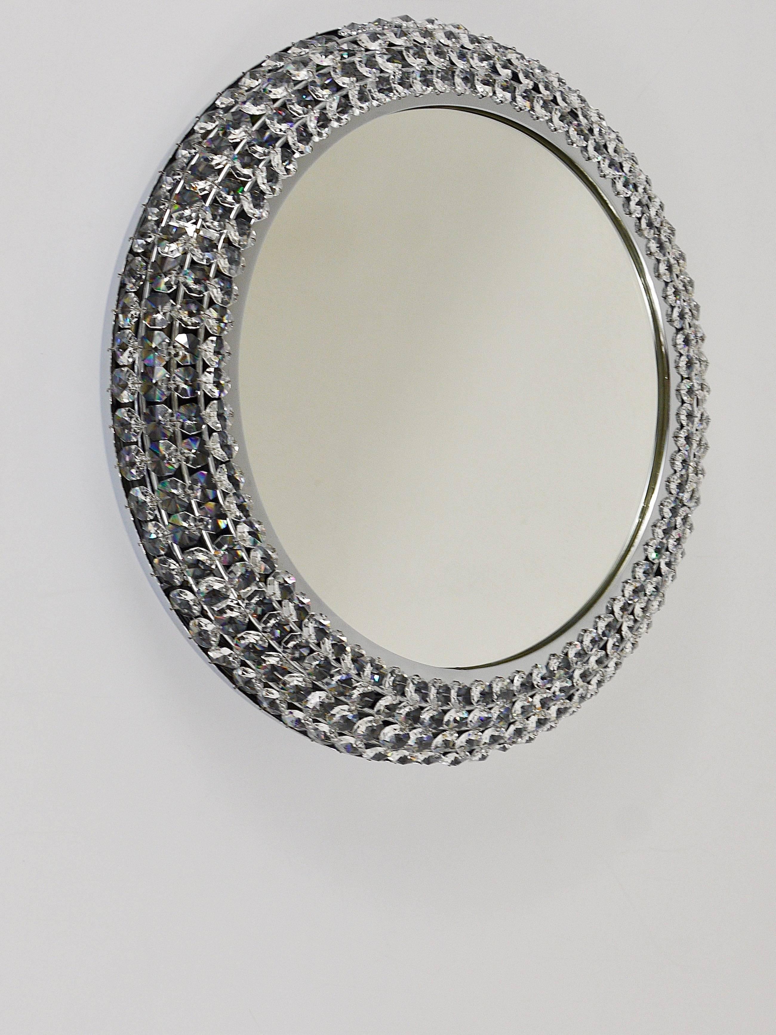 Austrian Round Bakalowits Style Faceted Crystal & Chrome Backlit Wall Mirror, 1960s For Sale