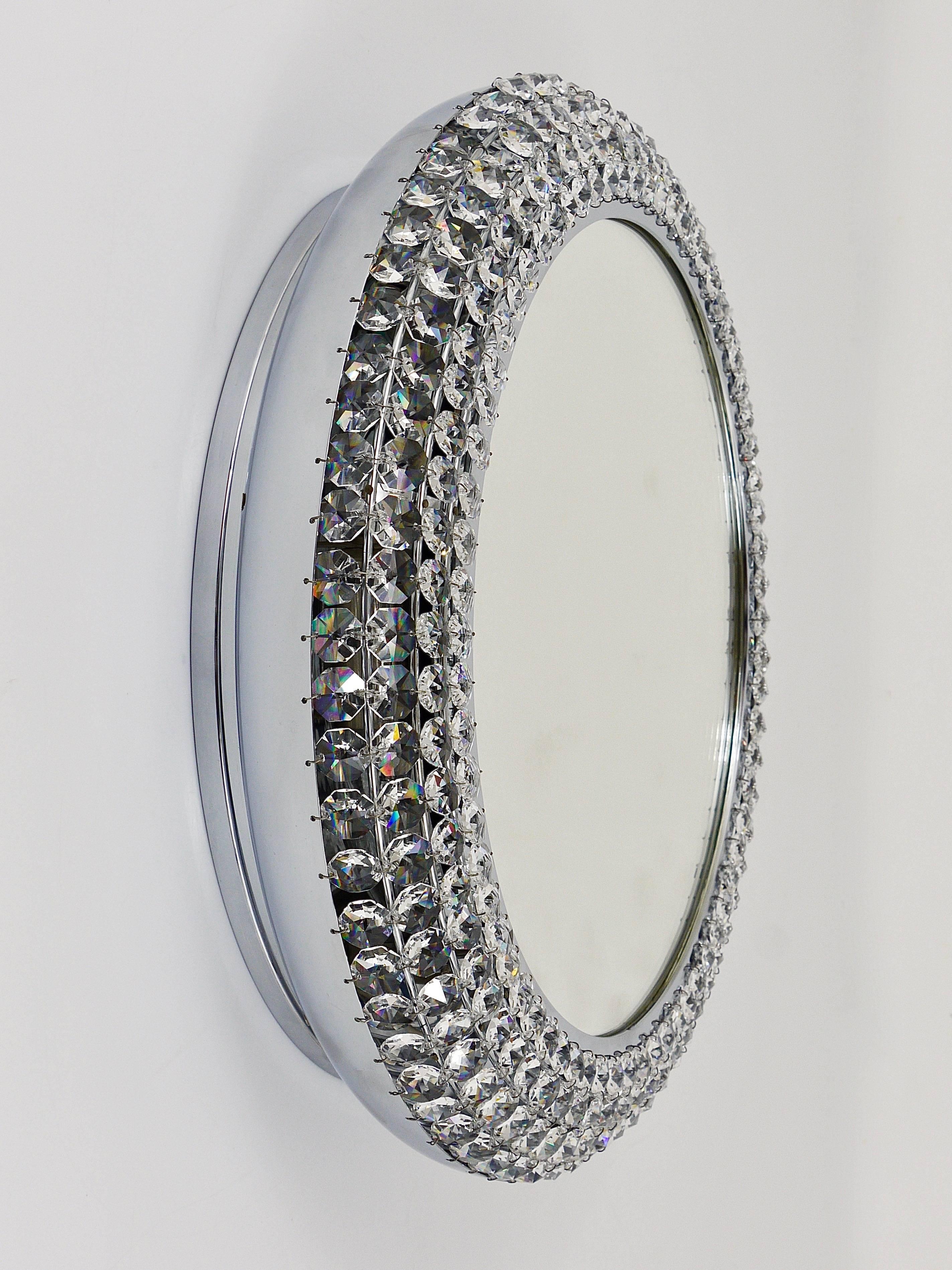 20th Century Round Bakalowits Style Faceted Crystal & Chrome Backlit Wall Mirror, 1960s For Sale