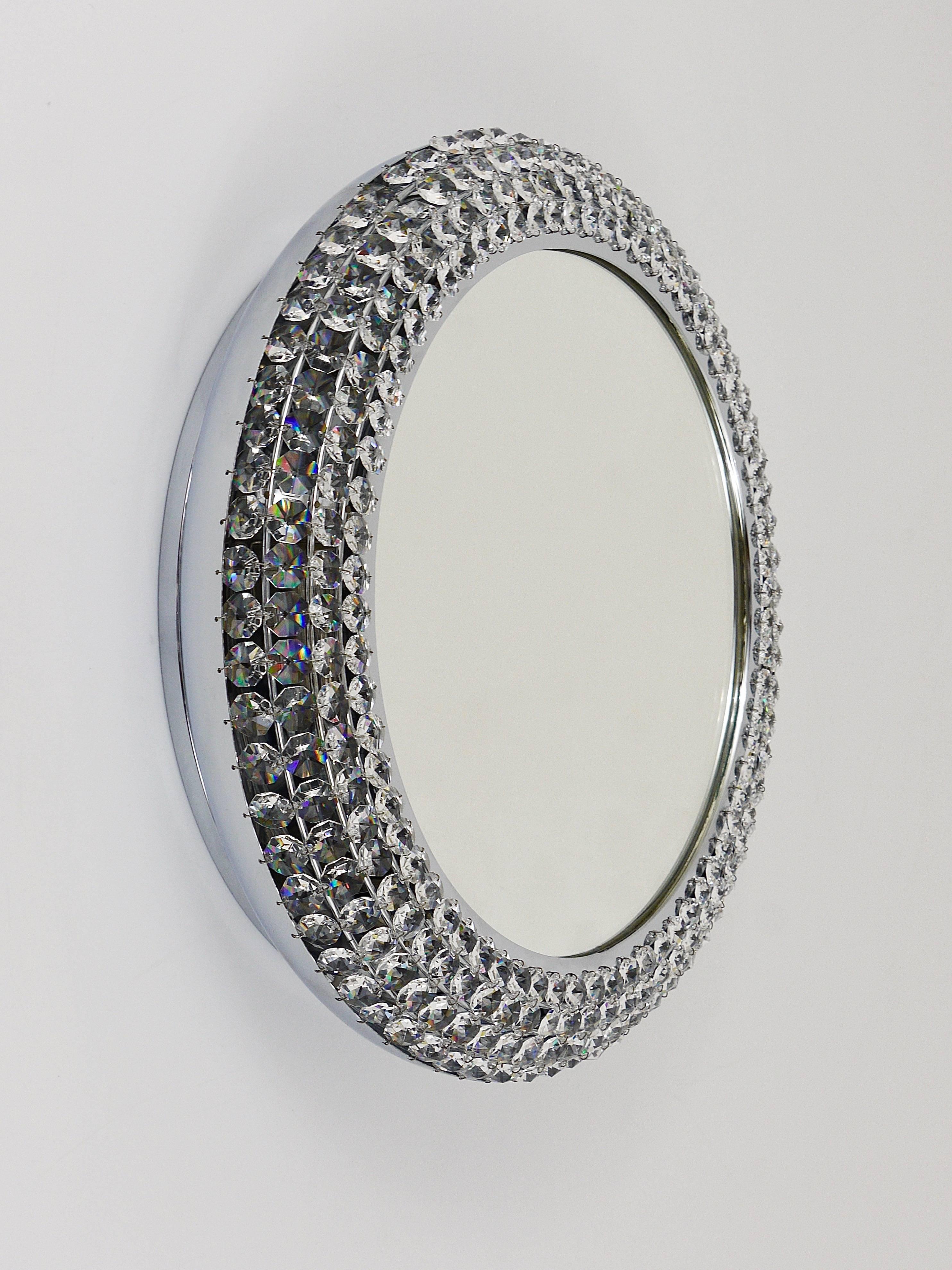 Metal Round Bakalowits Style Faceted Crystal & Chrome Backlit Wall Mirror, 1960s For Sale