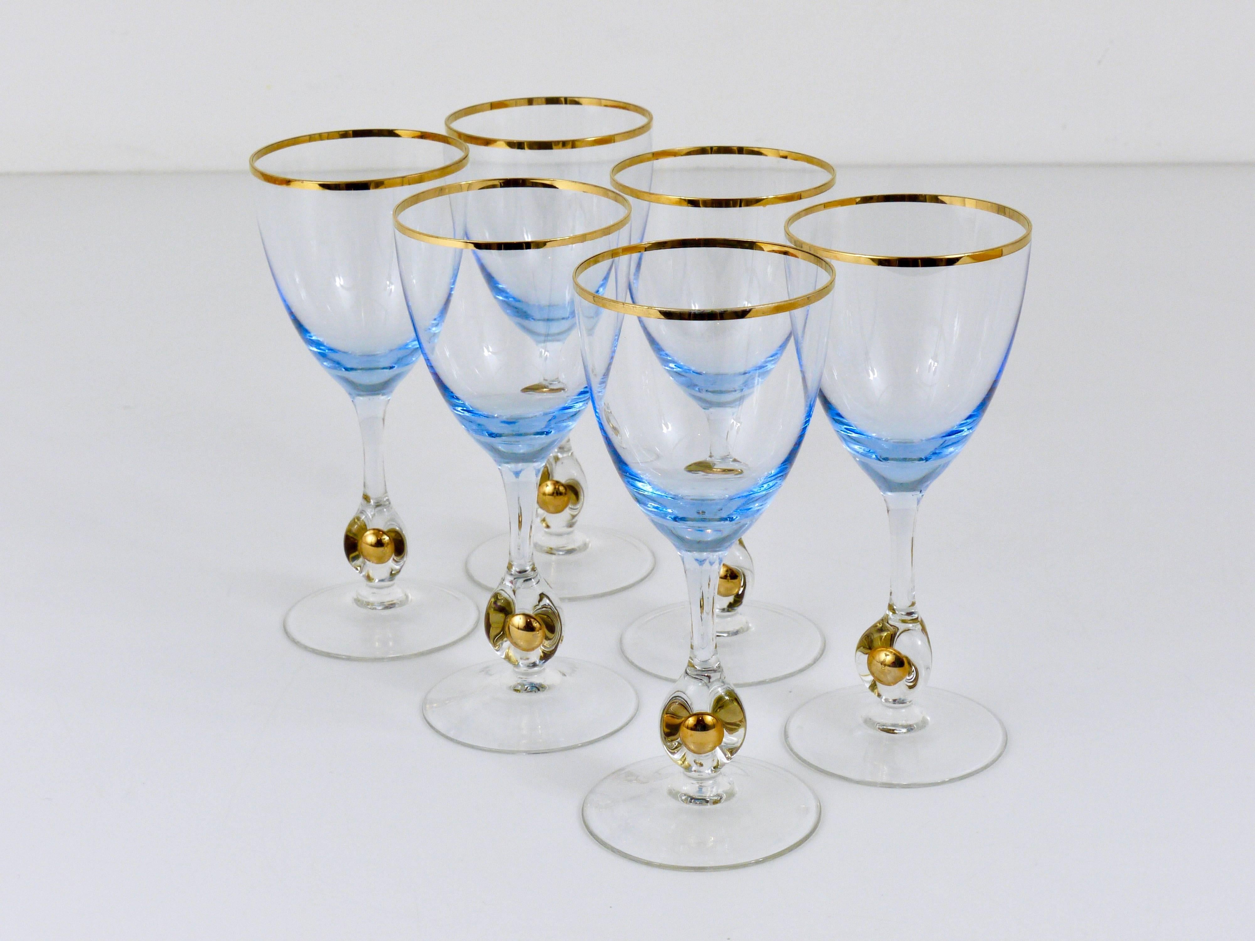 Six Beautiful Lyngby Denmark Light Blue and Gold Wine or Water Glasses, 1960s In Excellent Condition In Vienna, AT