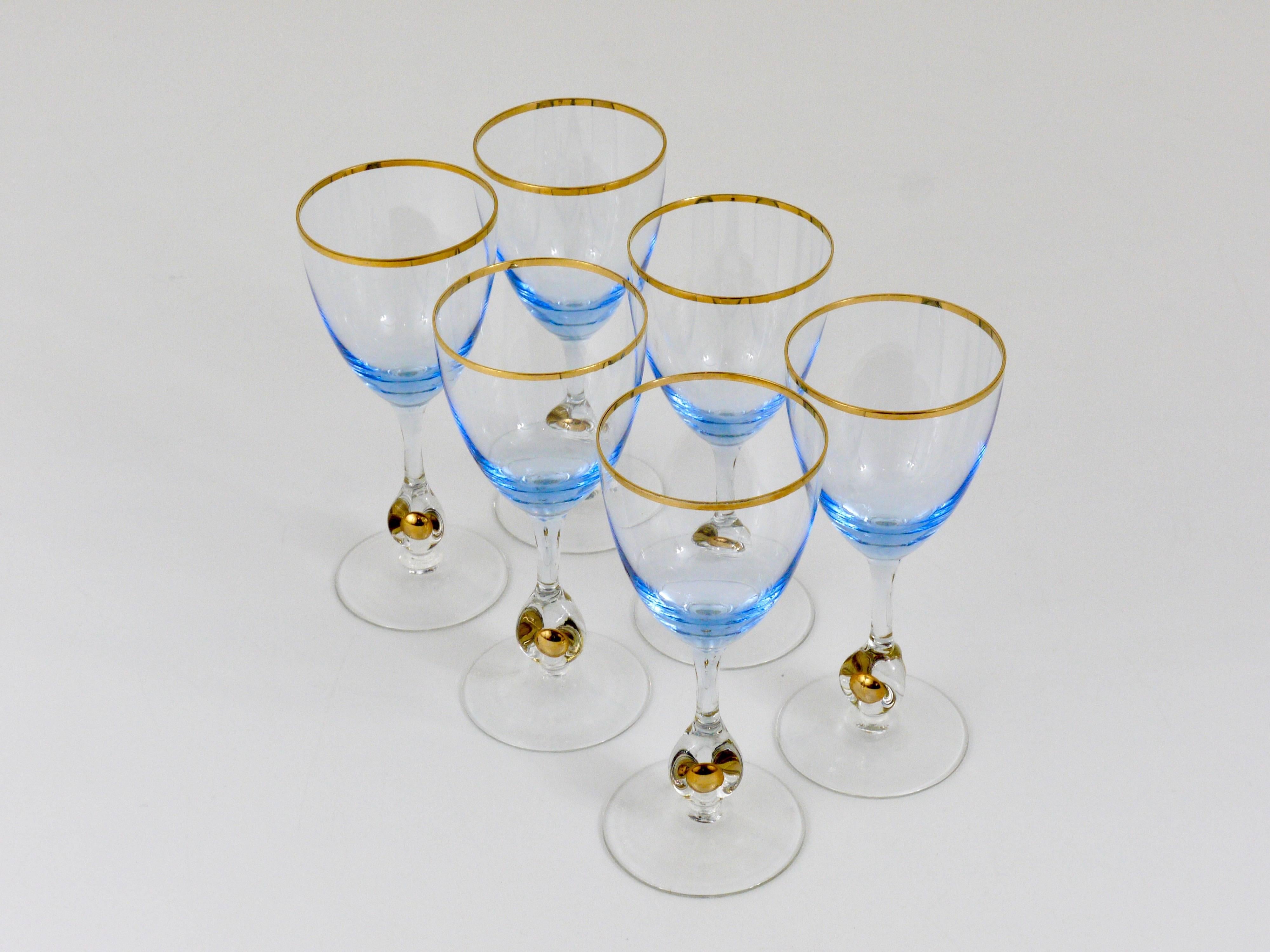Czech Six Beautiful Lyngby Denmark Light Blue and Gold Wine or Water Glasses, 1960s
