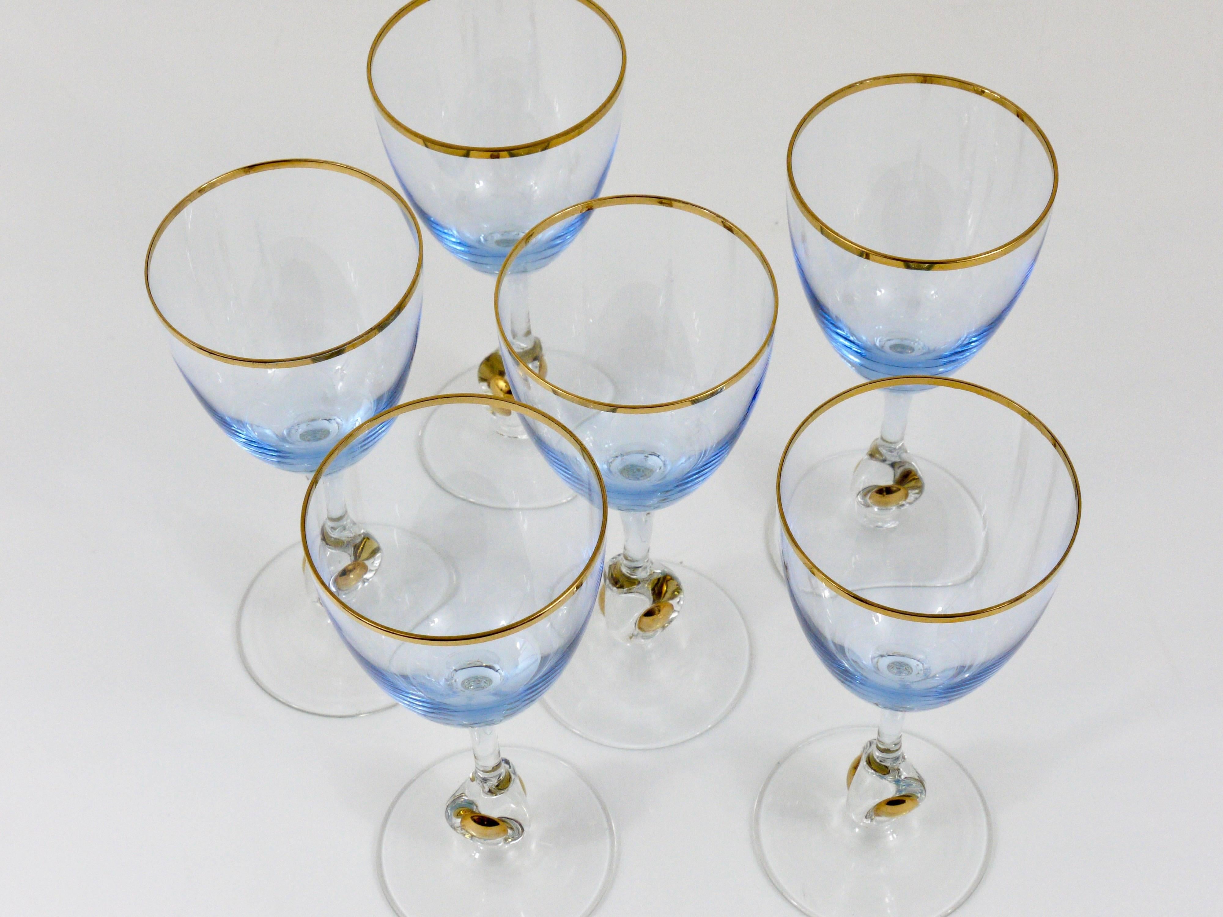 20th Century Six Beautiful Lyngby Denmark Light Blue and Gold Wine or Water Glasses, 1960s