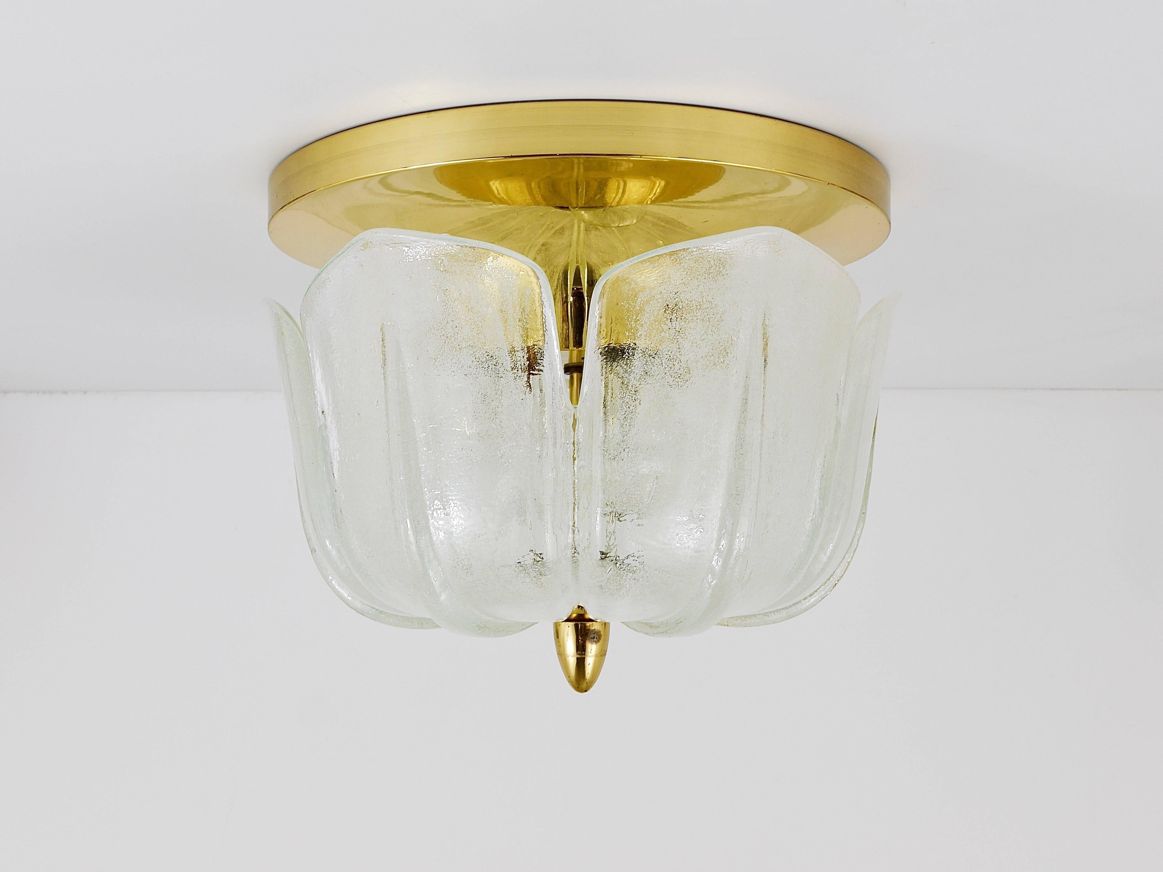 Mid-Century Modern Limburg Mid-Century Brass Glass Flush Mount Ceiling Lamp, Germany, 1970s For Sale