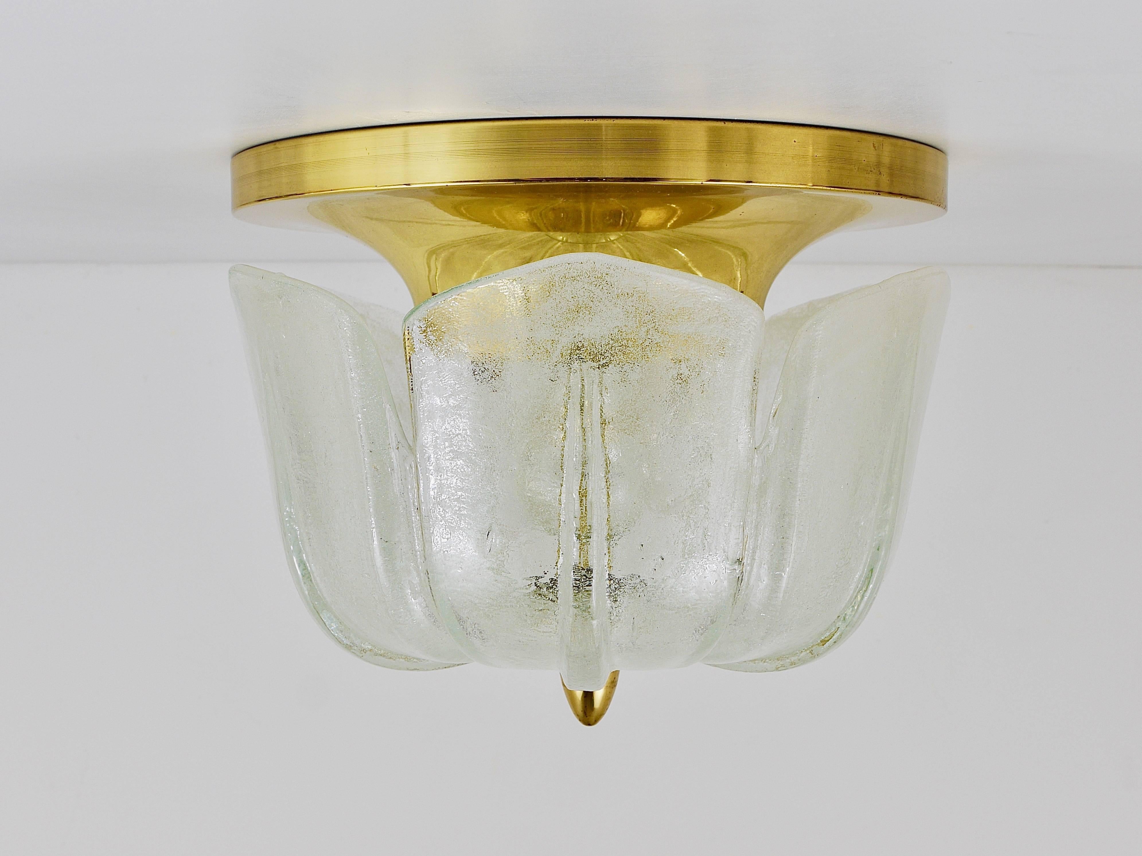 20th Century Limburg Mid-Century Brass Glass Flush Mount Ceiling Lamp, Germany, 1970s For Sale