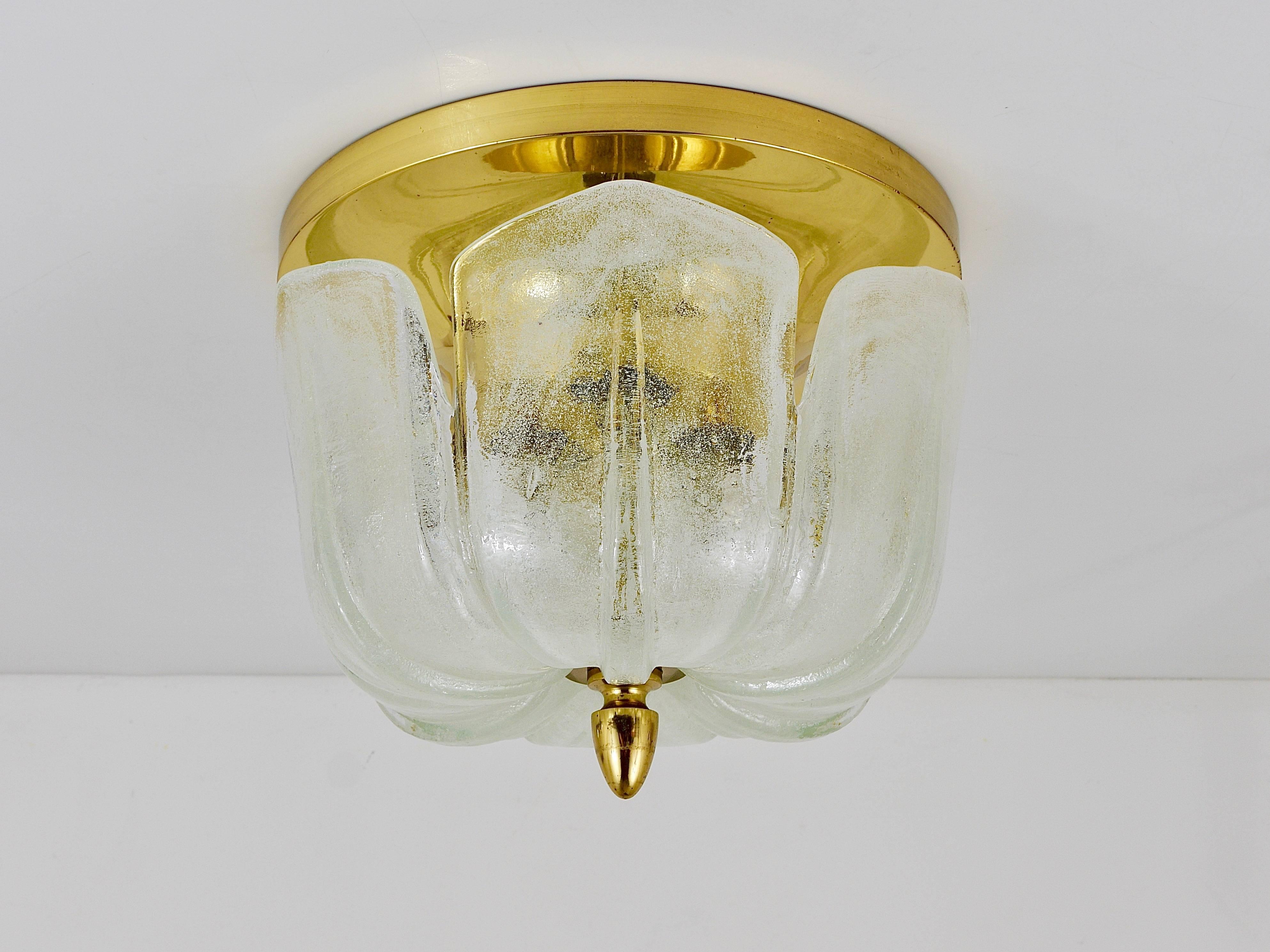 Limburg Mid-Century Brass Glass Flush Mount Ceiling Lamp, Germany, 1970s For Sale 1