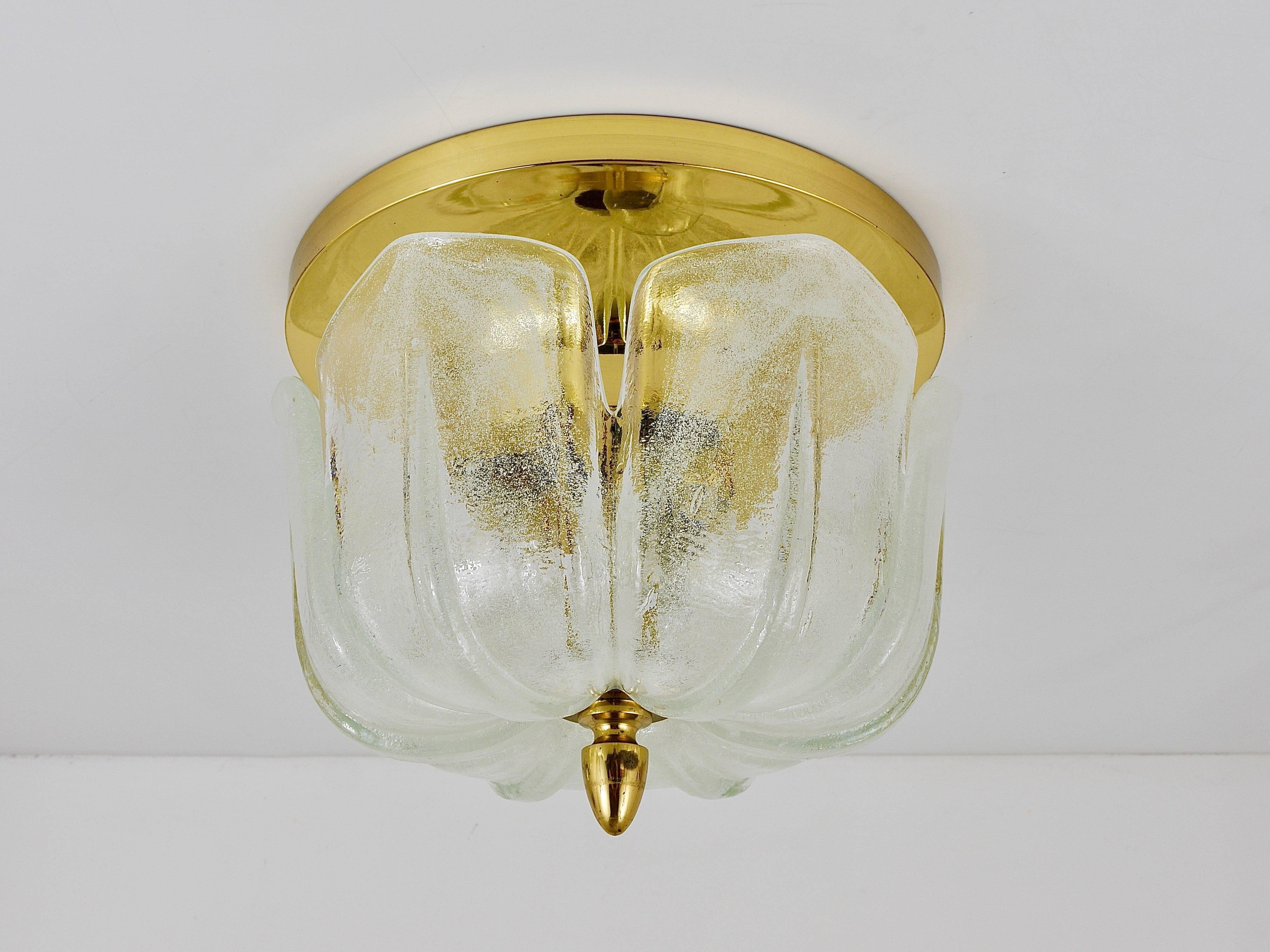 Limburg Mid-Century Brass Glass Flush Mount Ceiling Lamp, Germany, 1970s For Sale 2