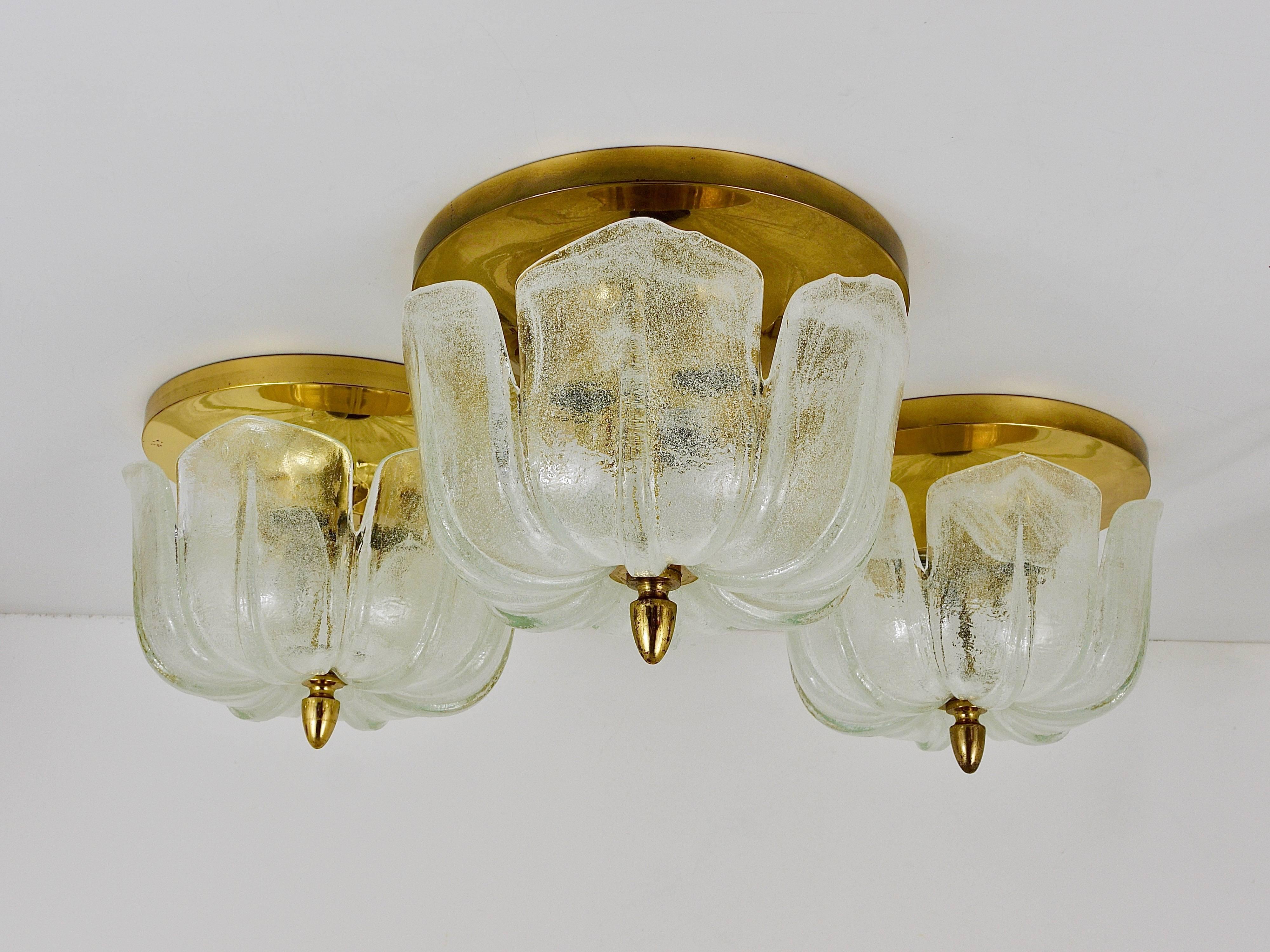 Limburg Mid-Century Brass Glass Flush Mount Ceiling Lamp, Germany, 1970s For Sale 3