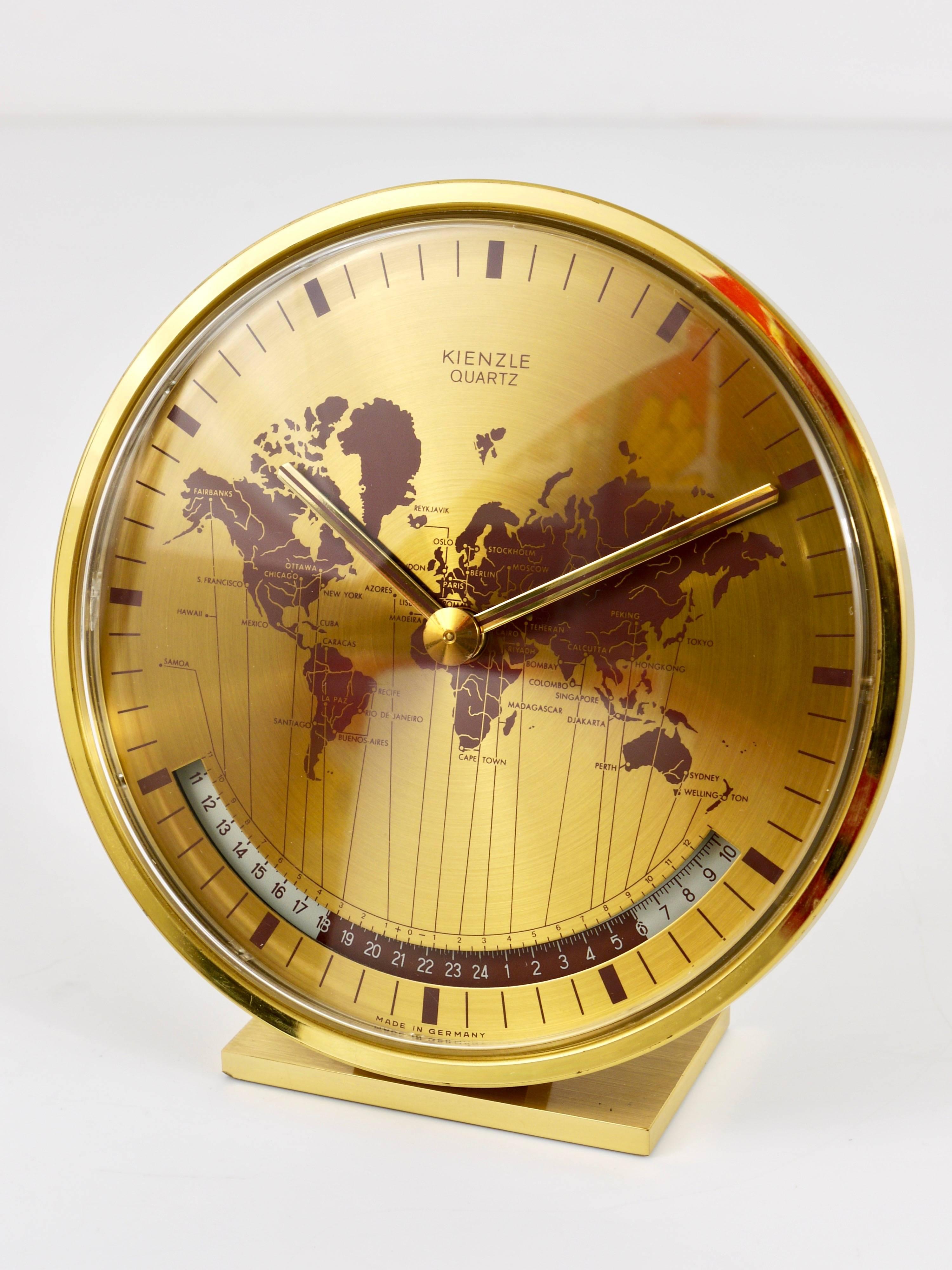 Mid-Century Modern Mid-Century Kienzle GMT World Time Zone Brass Table Clock, Germany, 1960s