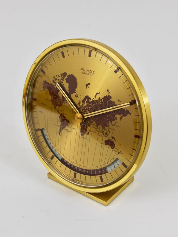 MidCentury Kienzle GMT World Time Zone Brass Table Clock, Germany