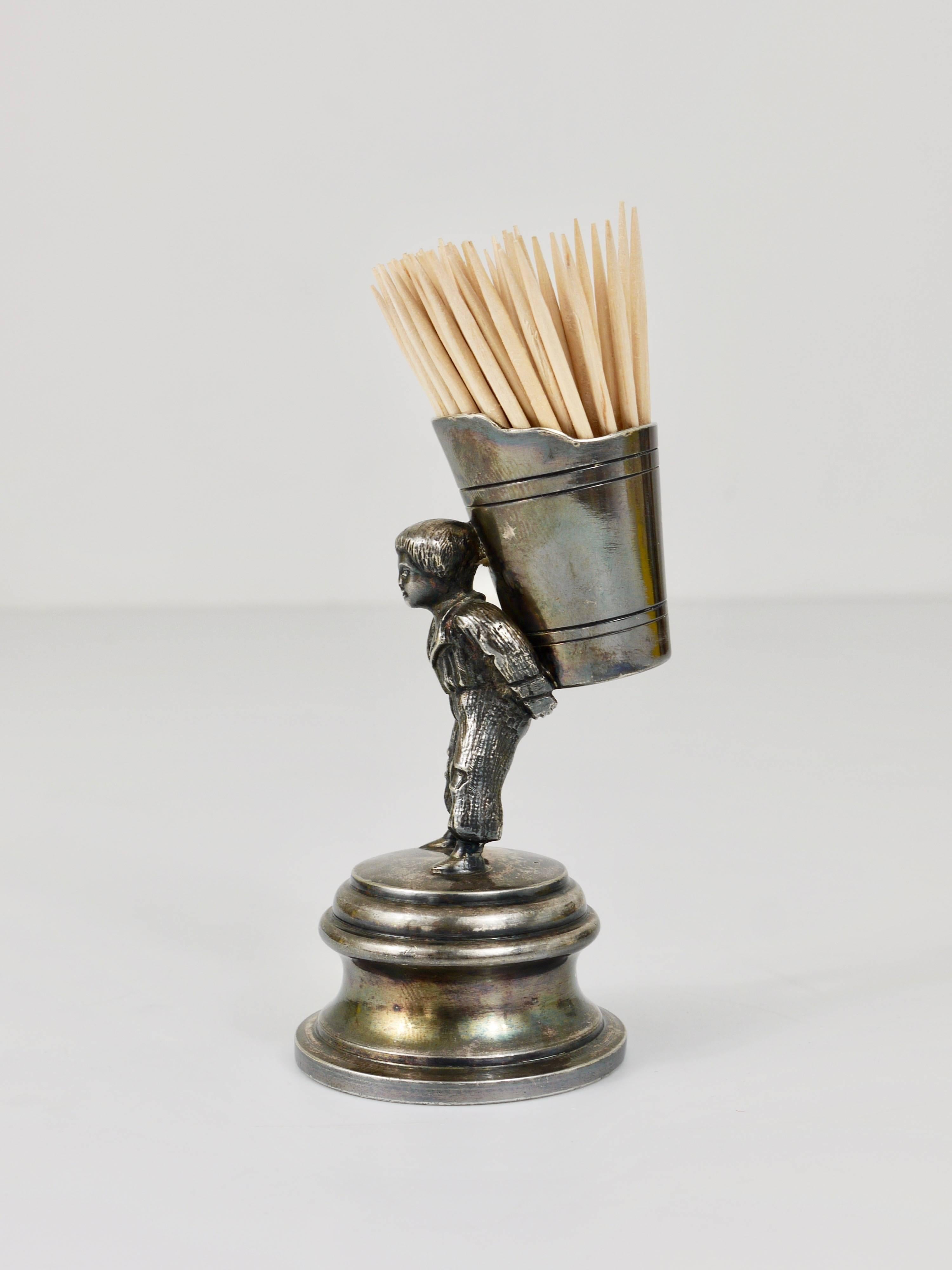 German 1920s Silver Art Nouveau Toothpick Holder Displaying a Boy at Grape Harvest For Sale