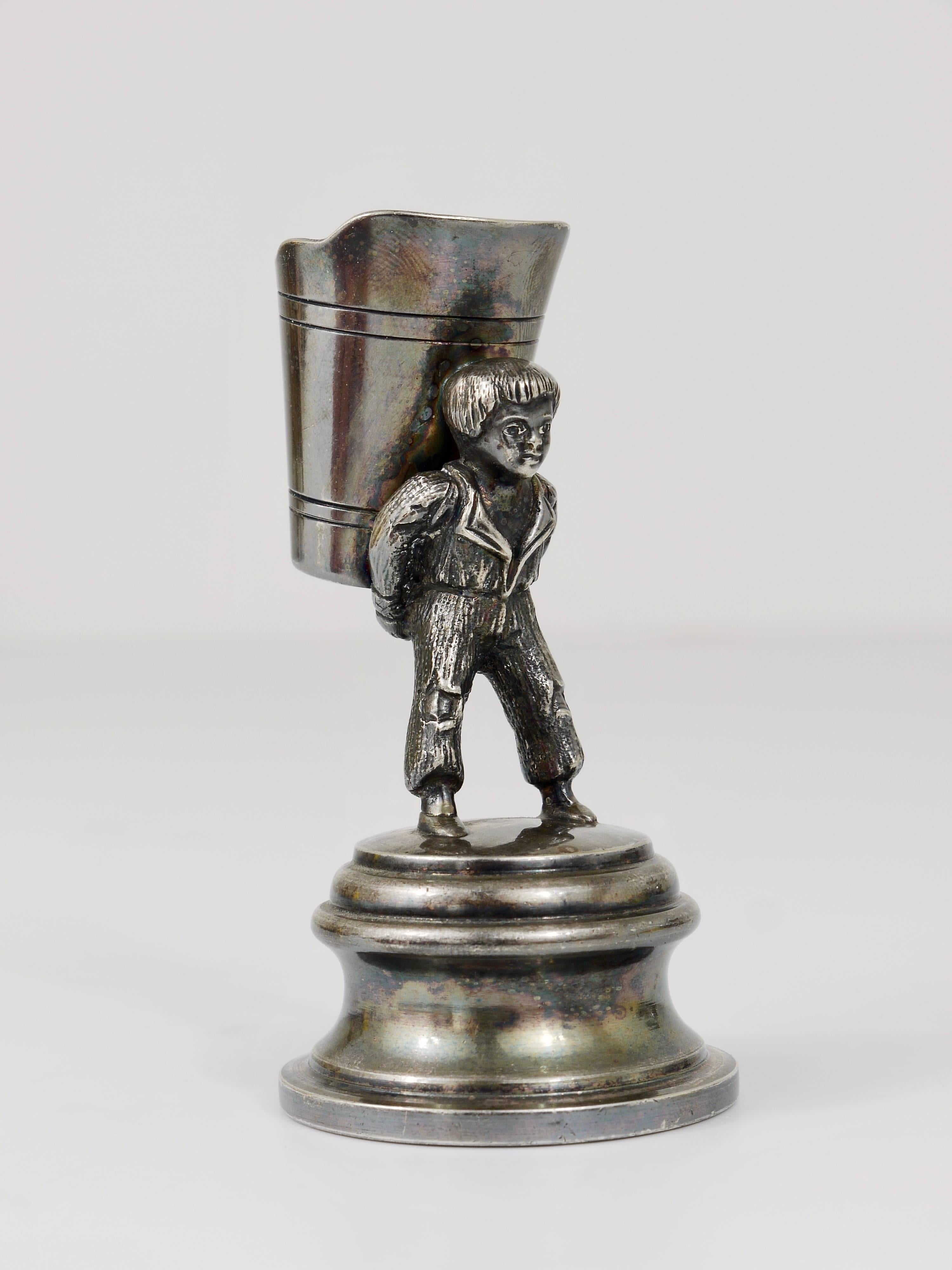 Silvered 1920s Silver Art Nouveau Toothpick Holder Displaying a Boy at Grape Harvest For Sale